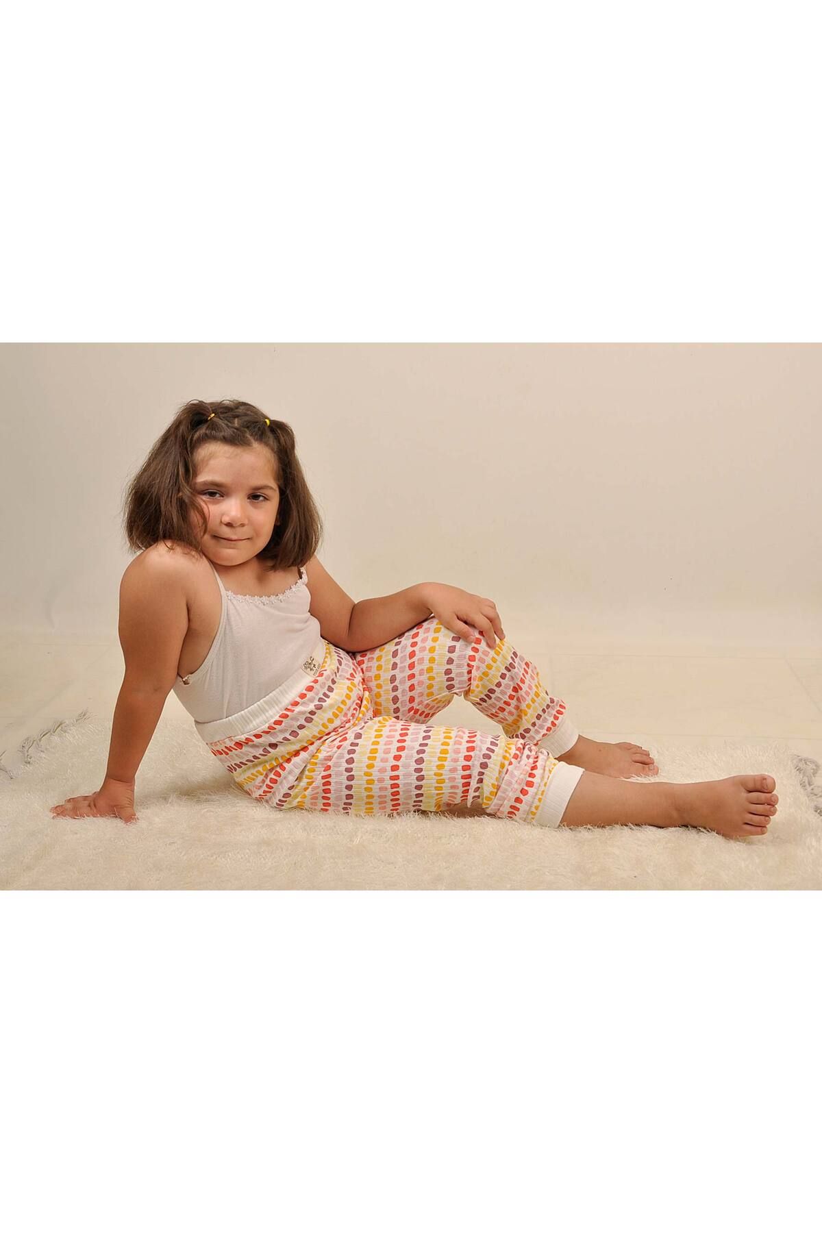 Peki Çocuk 5 Al 4 Öde Mevsimlik Yumuşak Penye Pamuk Geniş Kalıp Mozaik Taşlar Baskı Pijama Pantolon 14880