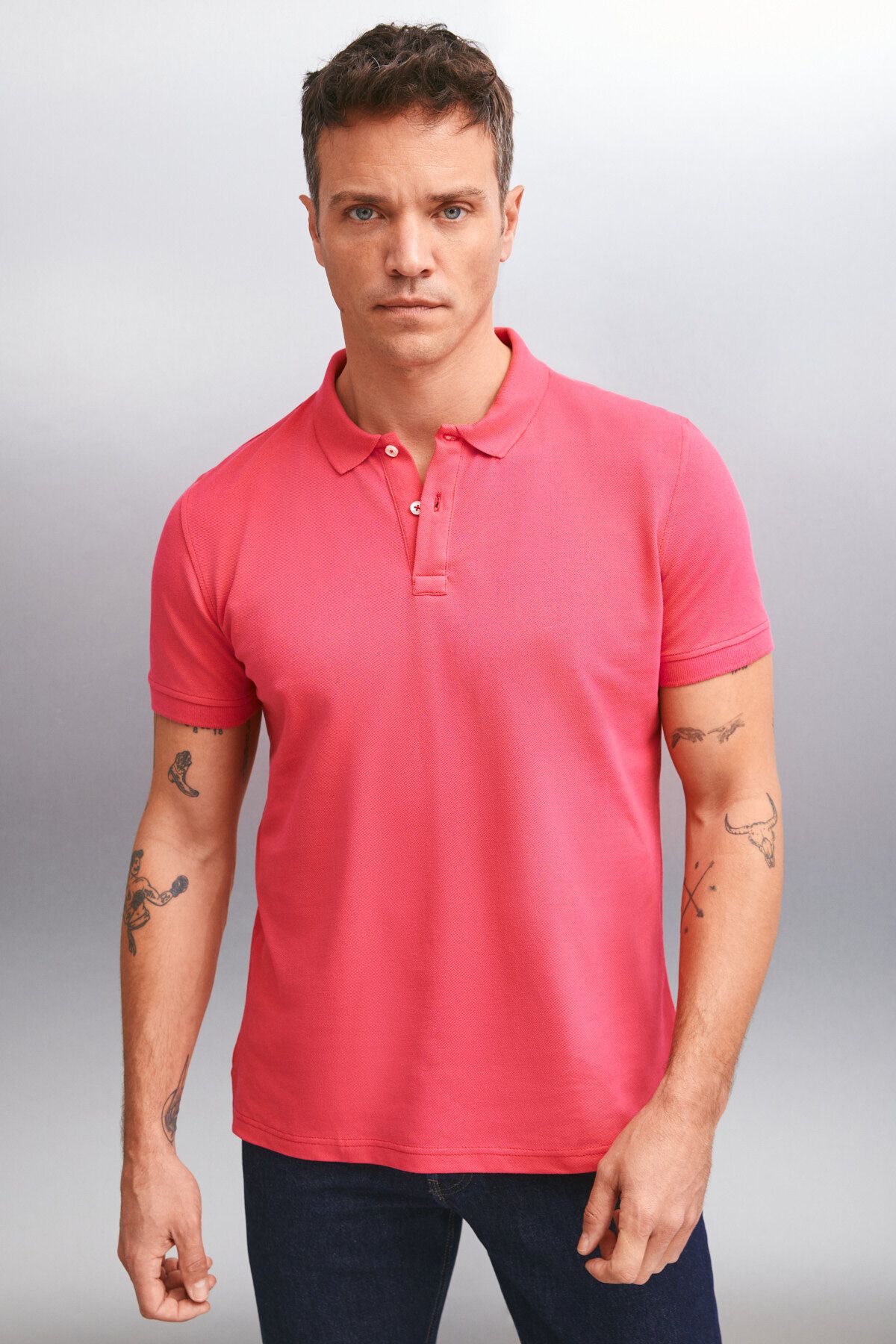 GRIMELANGE MARTEN Erkek %100 Pamuk Kısa Kollu Regular Fit Fuşya Polo Yaka T-shirt