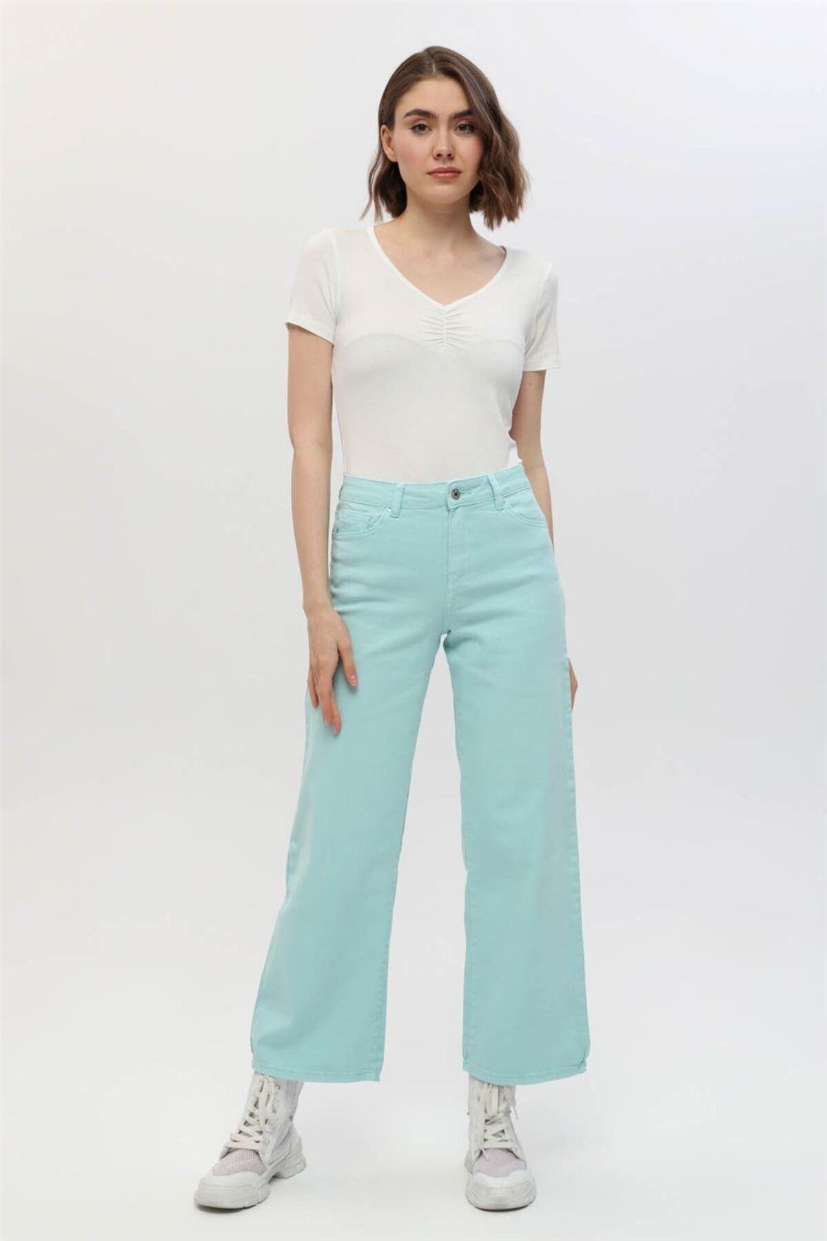 Home Store Pantolon Jean Geniş Kesim Yüksek Bel 5 Cep - Nil Yeşili