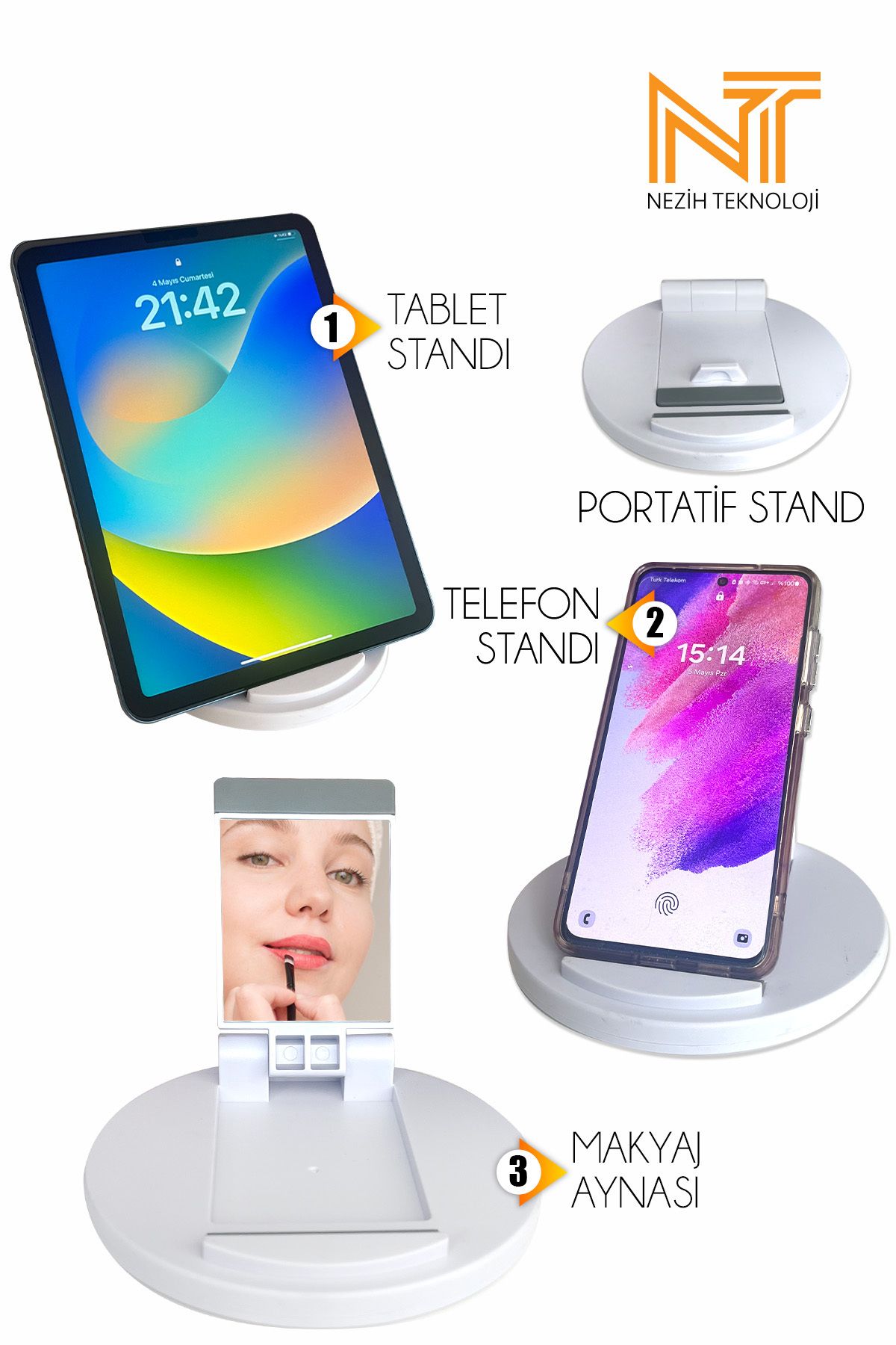 Nezih Case Tüm Tablet ve Telefonlara Uyumlu Stand / Makyaj Aynası (Beyaz)