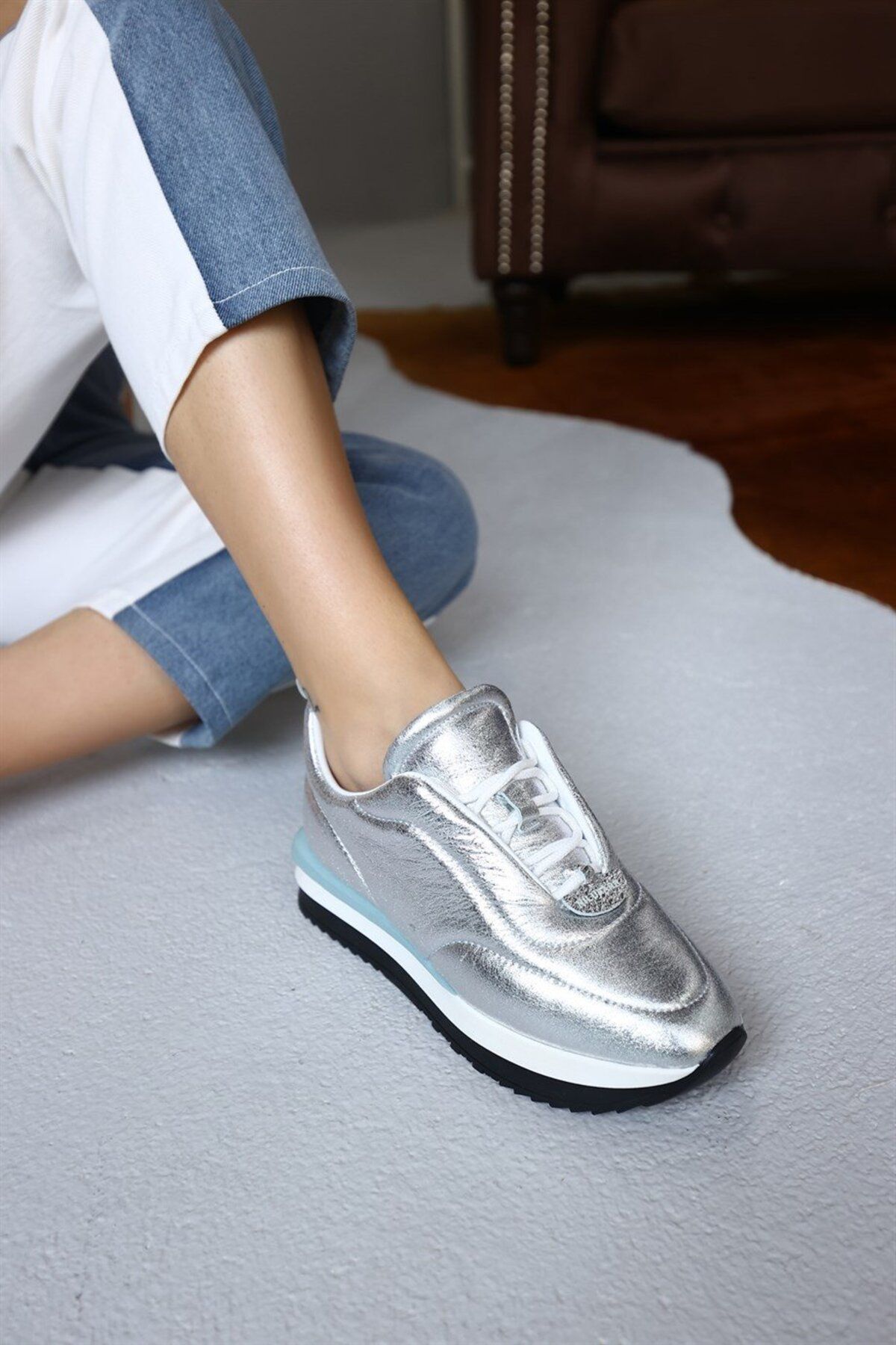 NILUFARR Balla Gümüş Hakiki Deri Kadın Sneaker