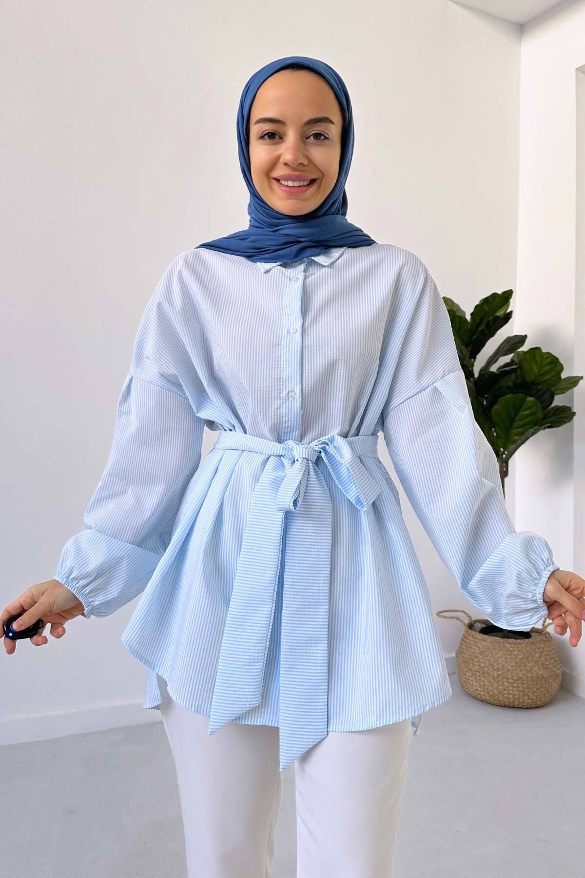 Ka Hijab Balon Kol Çizgili Gömlek - Mavi