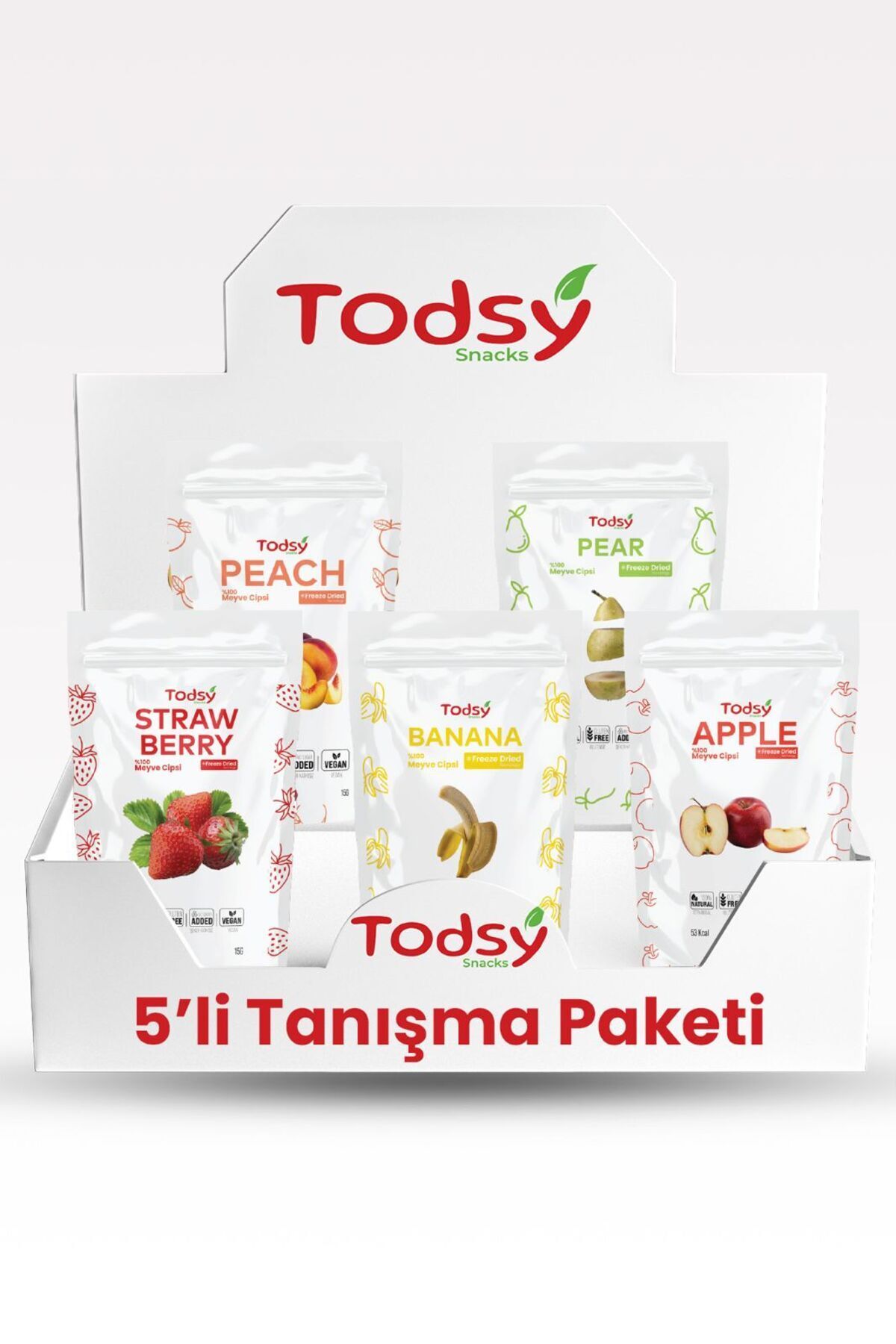Todsy 5'li Tanışma Paketi Çilek-Muz-Elma-Armut-Şeftali Kuru Meyve Cipsi Dondurularak Kurutulmuş Fresh