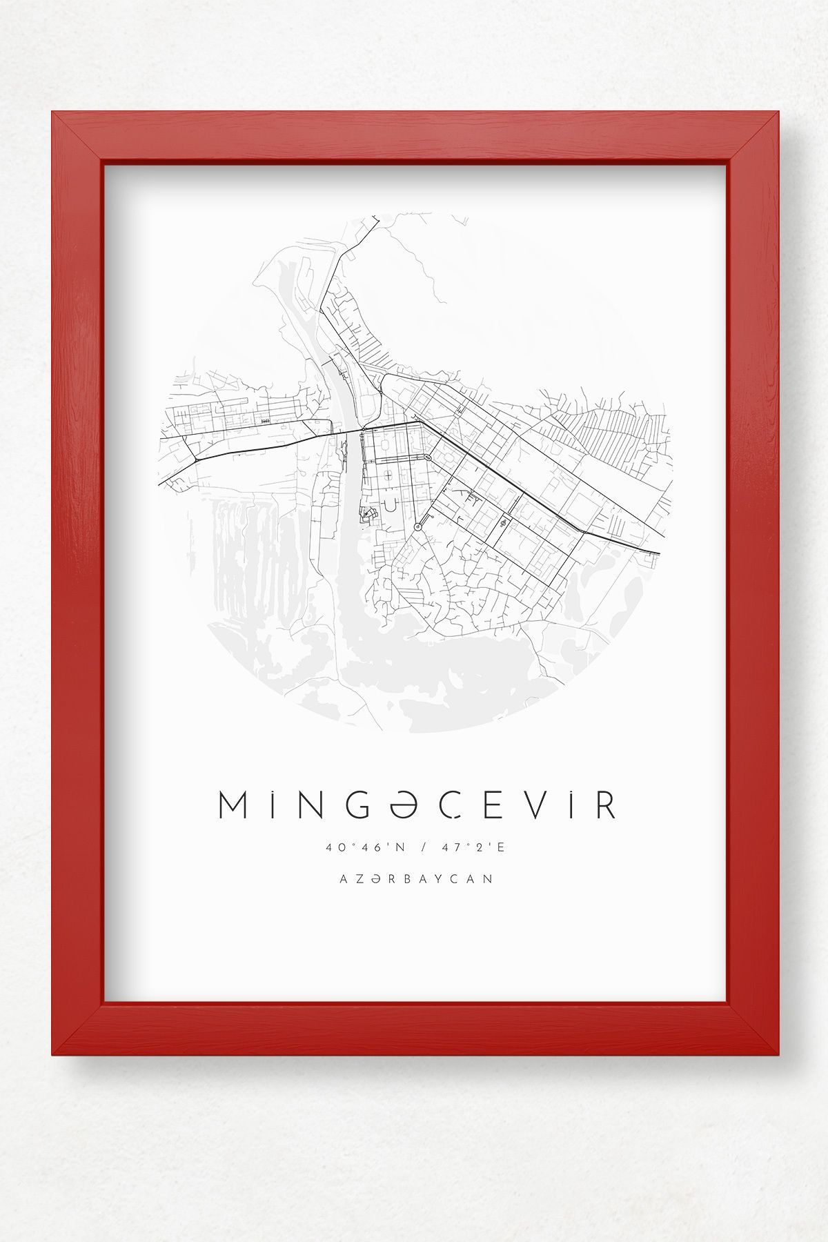 DuoArt Mingeçevir Haritası/Azerbaycan Şehirleri/Doğal Ahşap Çerçeveli Poster/Çerçeve Rengi:Kırmızı