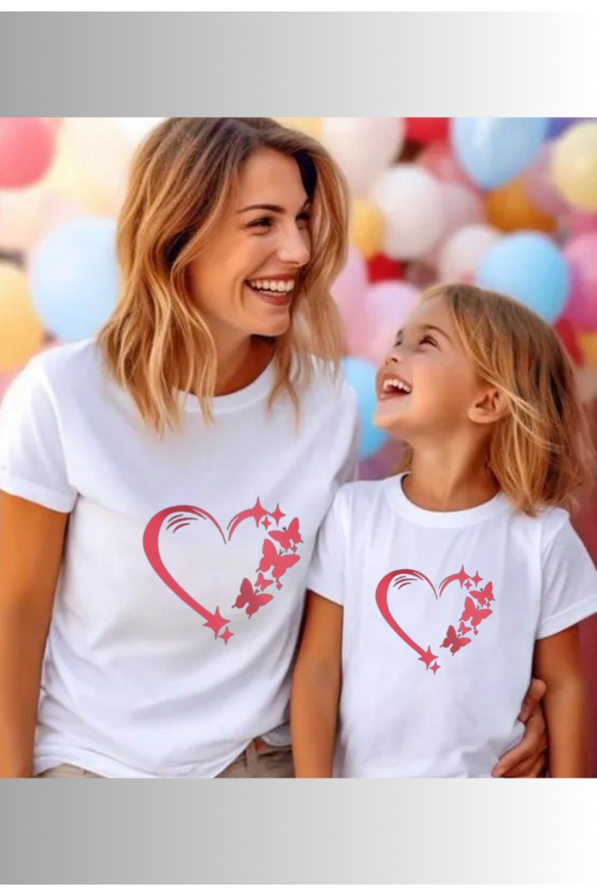 Genel Markalar Anne ve Kız Kelebekler kalp Baskılı Tshirt(TEKLİ ÜRÜNDÜR KOMBİN YAPMAK İÇİN 2 ADET SEPETE EKLEYİNİZ)