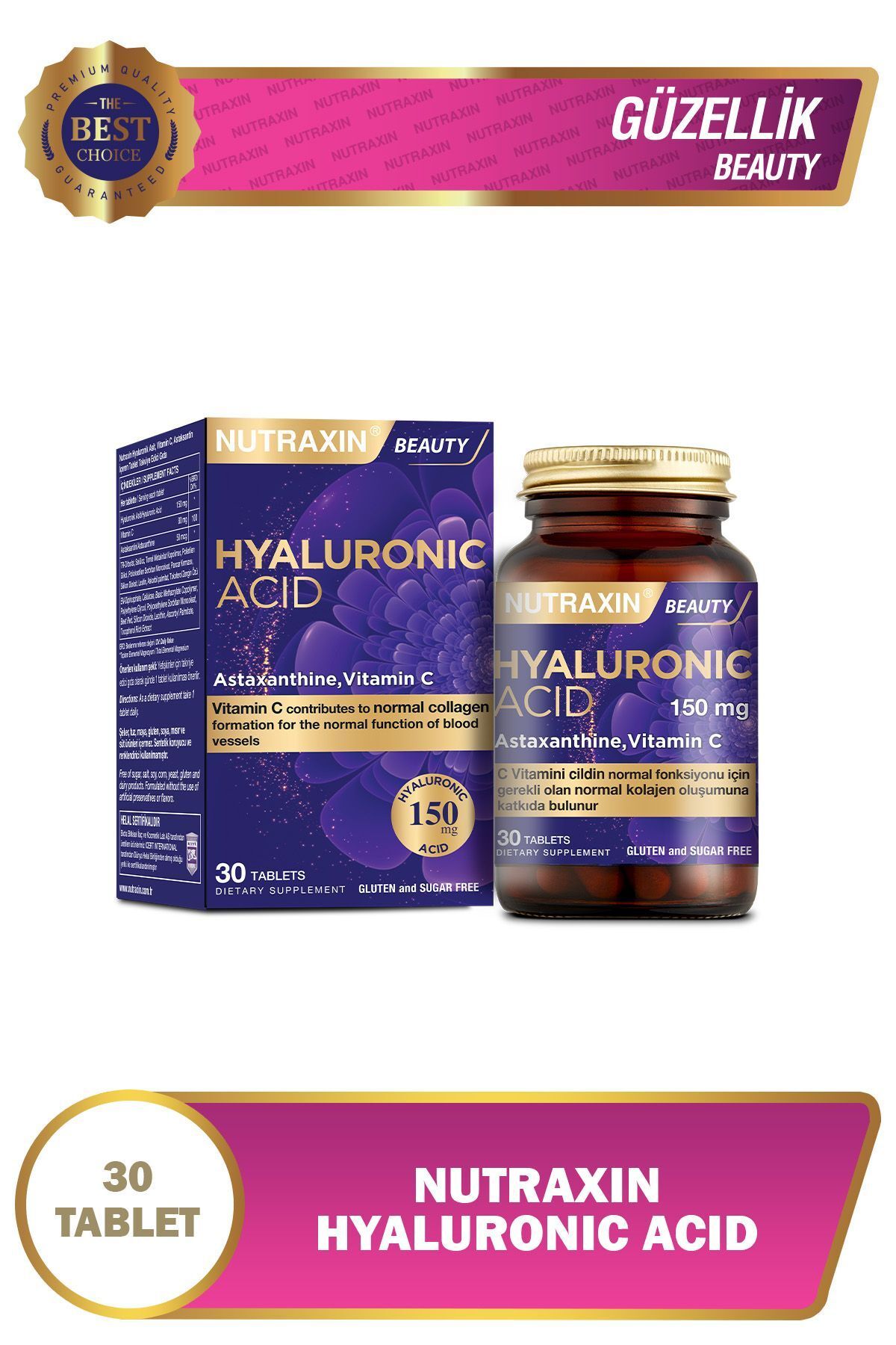 Nutraxin Hyaluronic Acid 30 Tablet - Hyalüronik Asit, Astaksantin, Vitamin C
