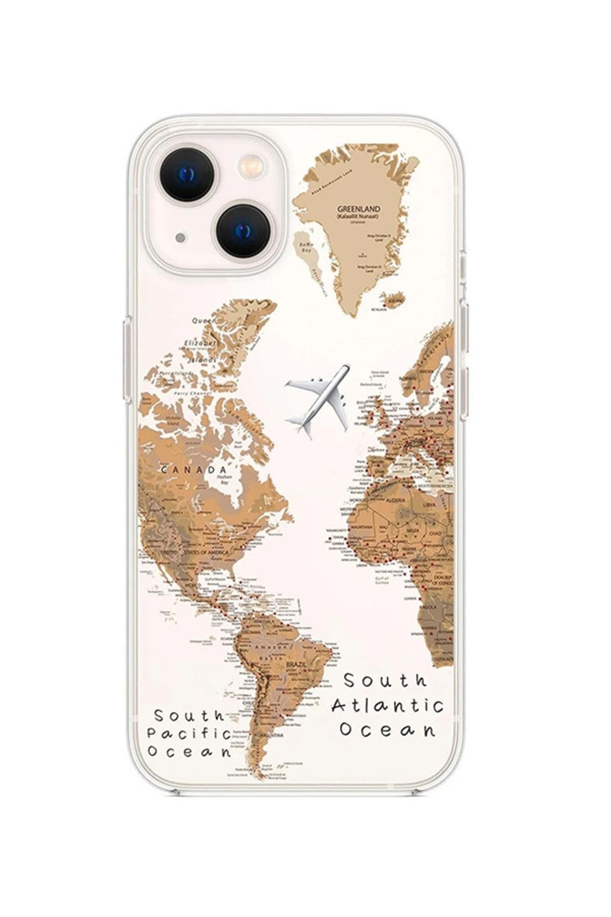 TrendCell Iphone 13/14 Uyumlu Harita Desenli Şeffaf Kapak Kılıf