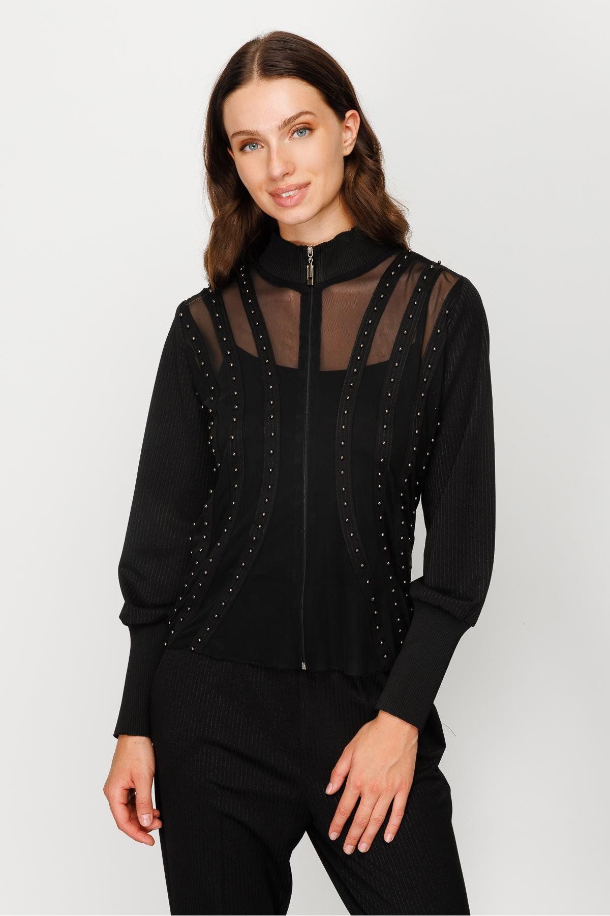 Moda İlgi Modailgi İnci İşlemeli Fermuarlı Örme Bluz Siyah