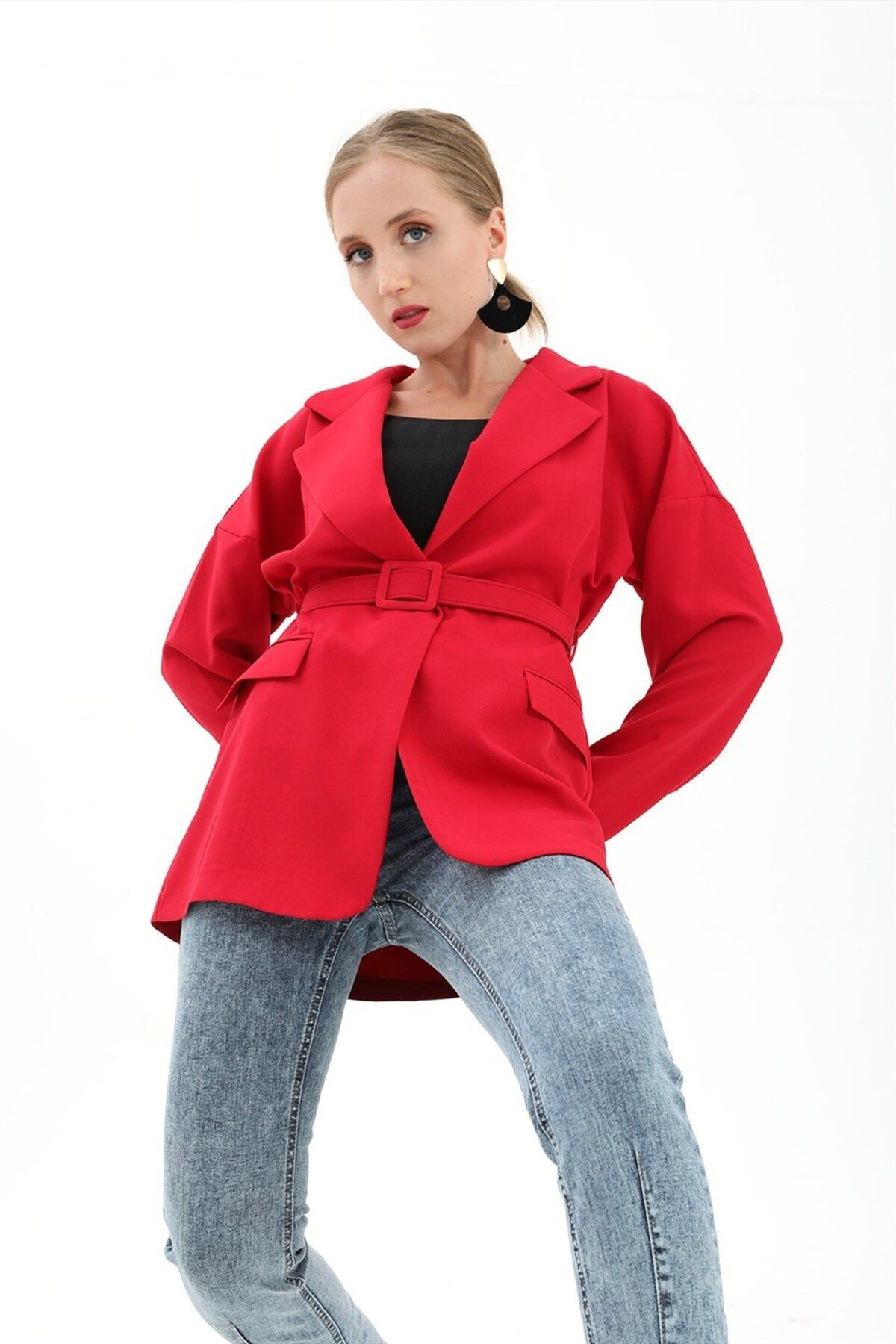 Genel Markalar Düşük Omuz Kemerli Atlas Kumaş Blazer Ceket - Kırmızı