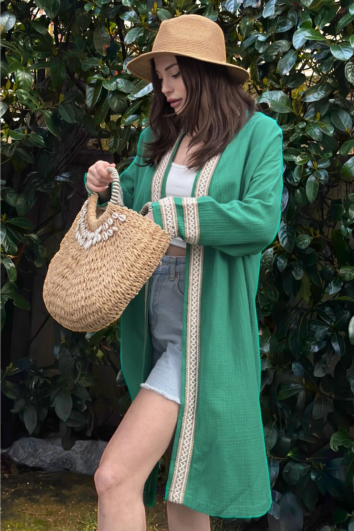 New Laviva Kadın Yeşil Müslin Kumaş, Hasır Şerit Detaylı Salaş Kimono Ceket
