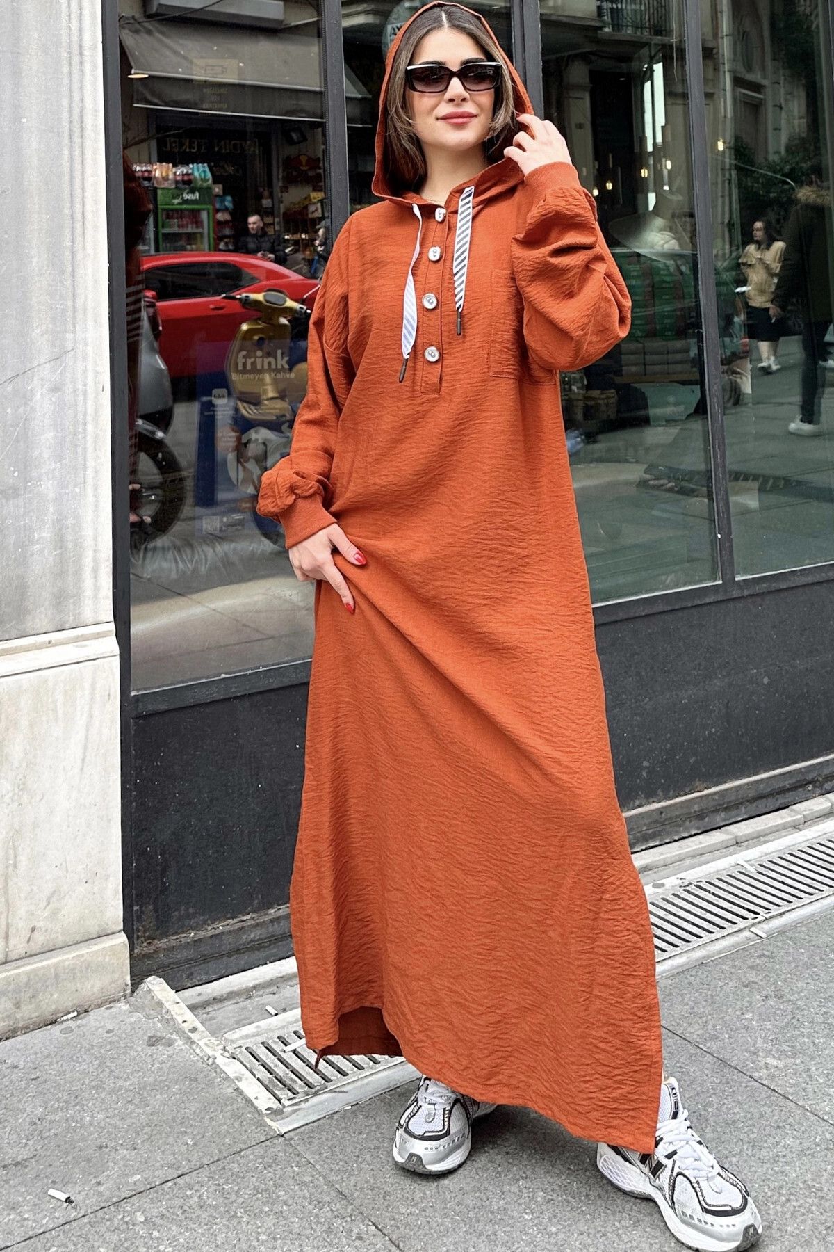 New Laviva Kadın Kiremit Arkası Digital-Art Baskı, Yırtmaçlı, Kapüşonlu Uzun Keten Elbise