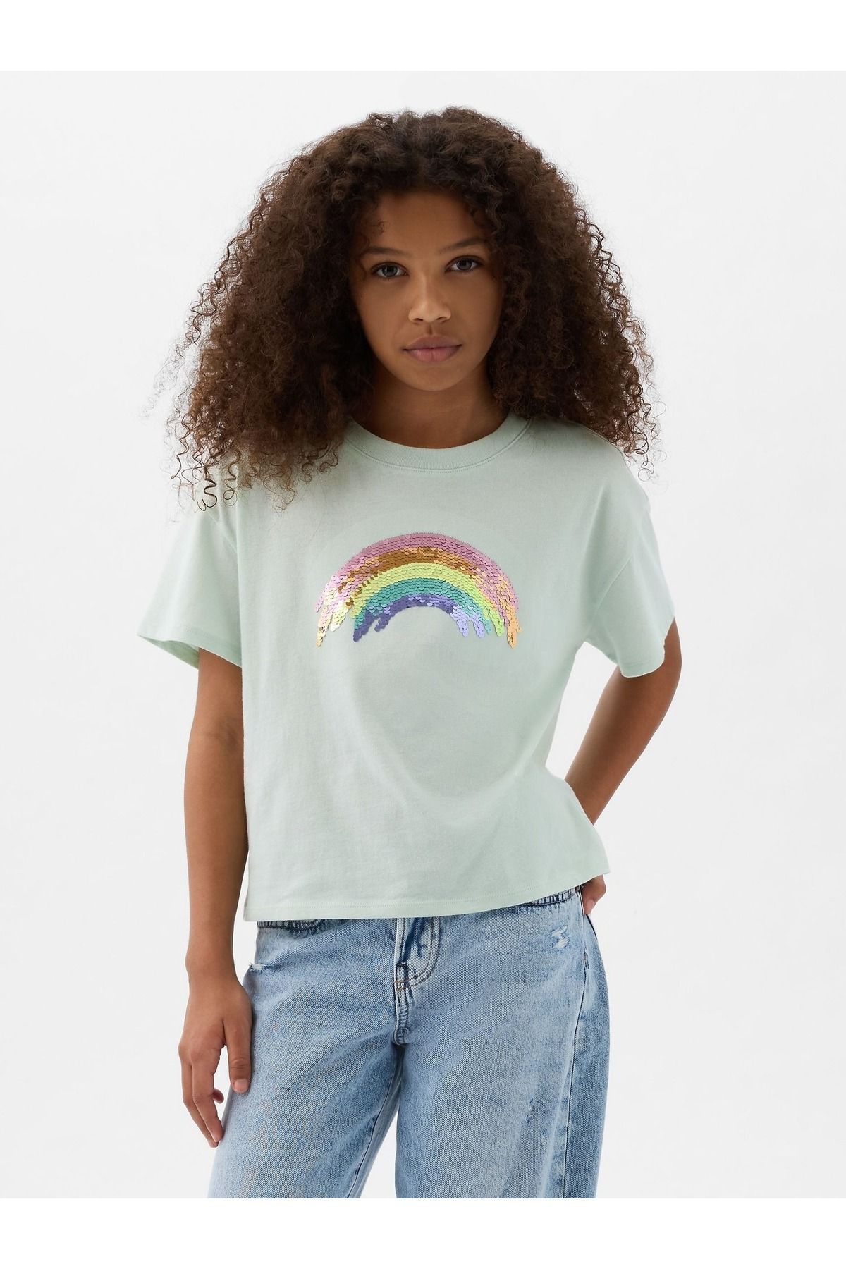 GAP Kız Çocuk Yeşil Pullu Flippy Grafikli T-Shirt
