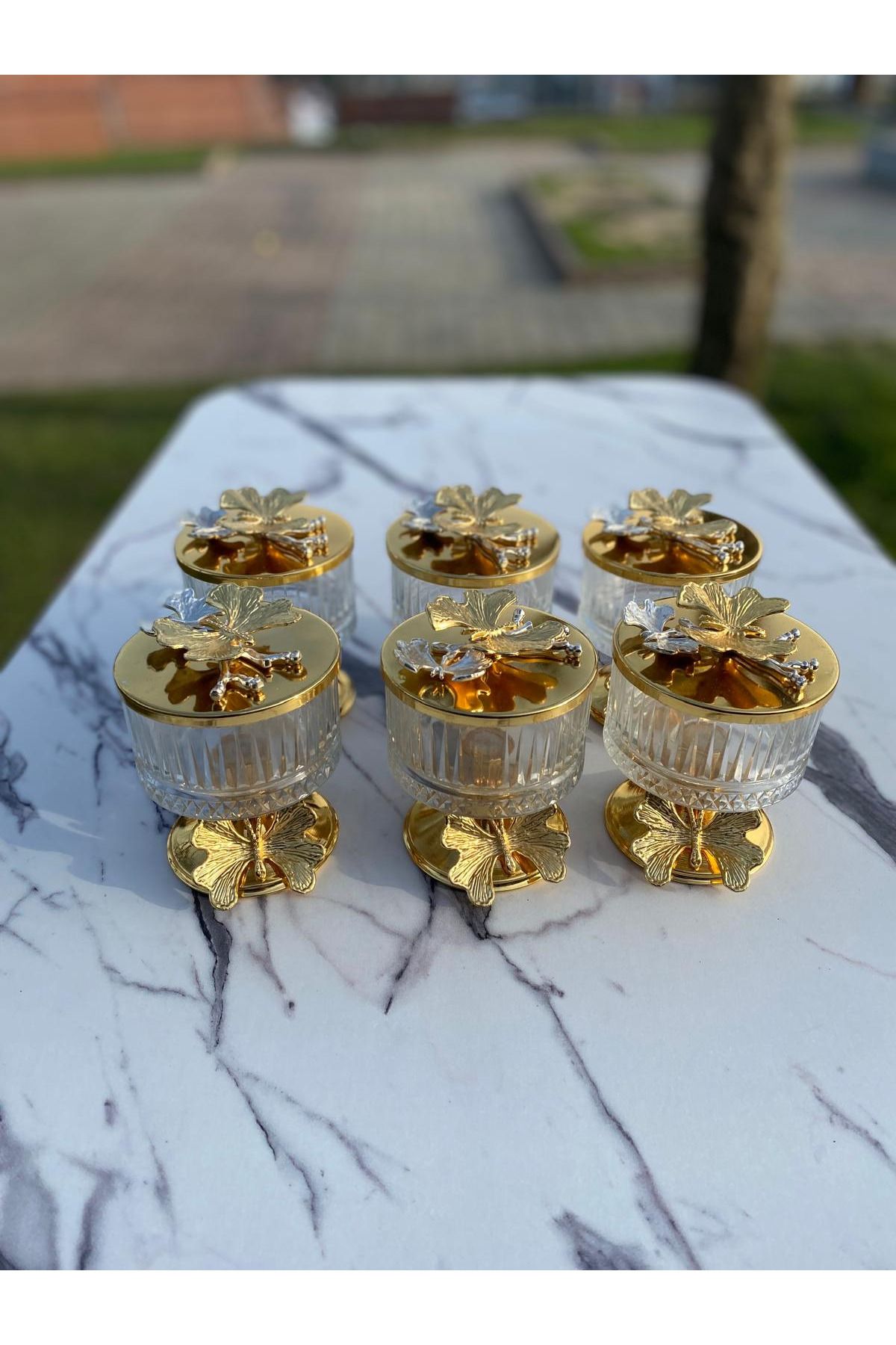 Aslı Hediyelik 6'lı Gold Ayaklı Şık Tasarımlı Elysıa Cam Şekerlik, Çerezlik, Lokumluk, Sunumluk Ve Kelebekli Kapak