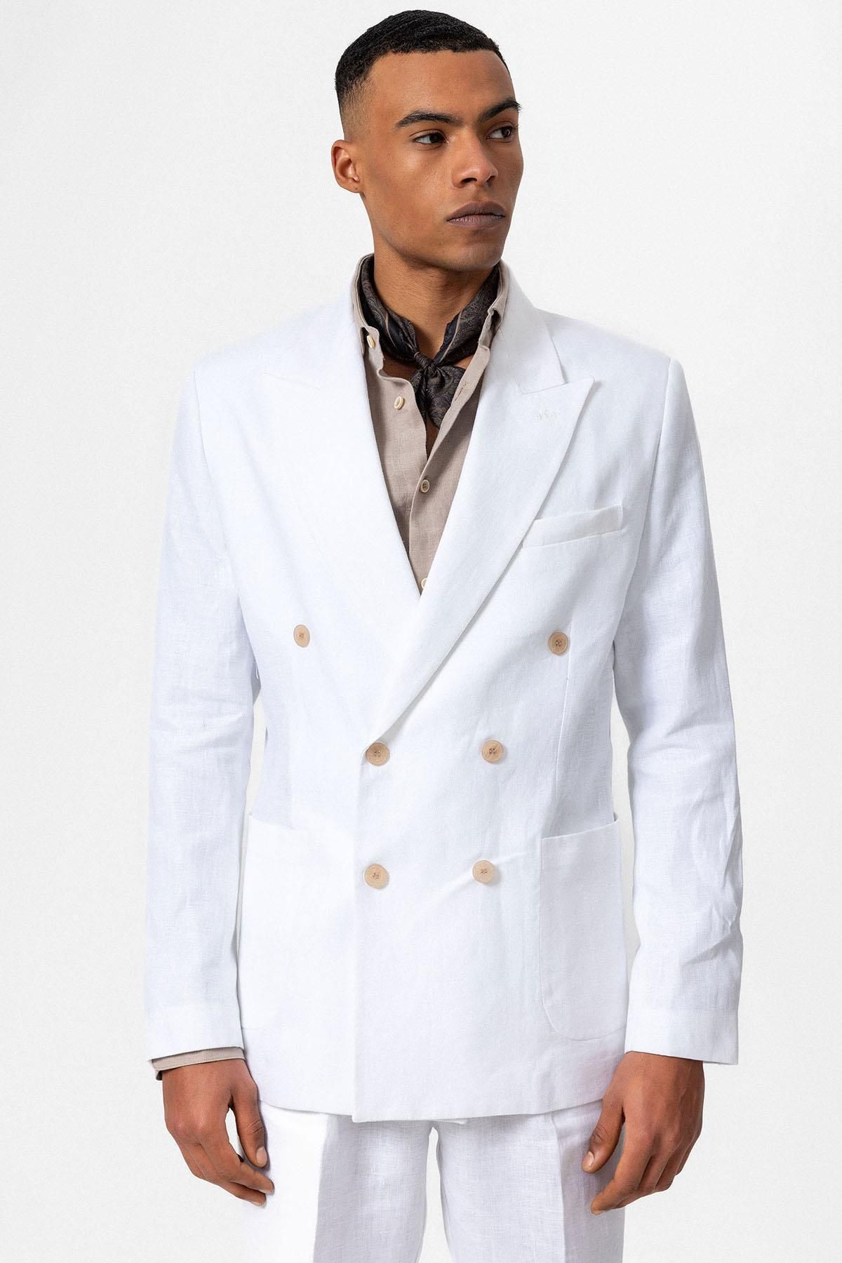 Antioch Beyaz 100% Keten Kruvaze Kapama Erkek Blazer Ceket