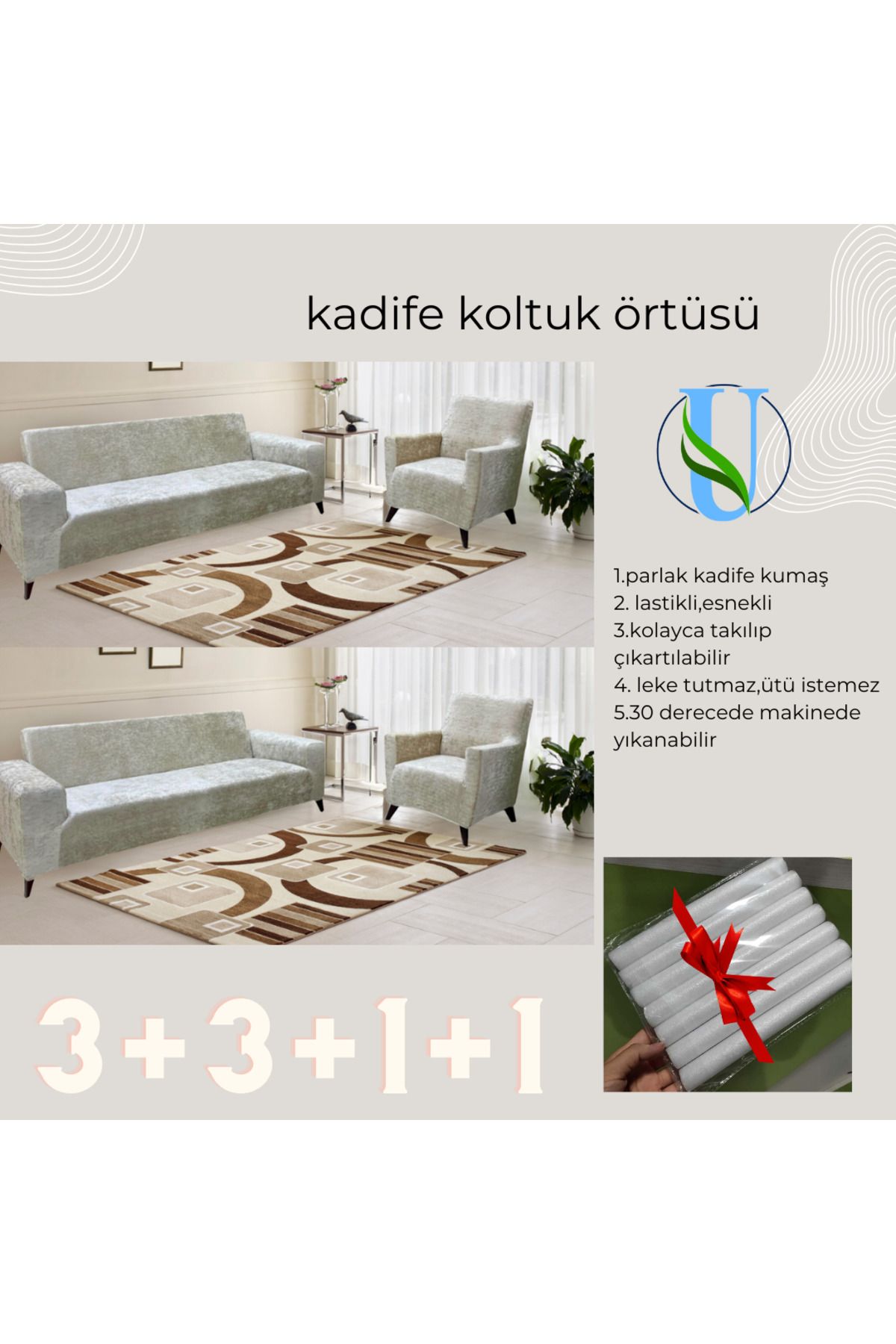 Uy Style Tekstil Uy Style Kadife Koltuk, Kanepe, Çekyat Örtüsü , Koltuk Kılıfı 3 3 1 1 Takım
