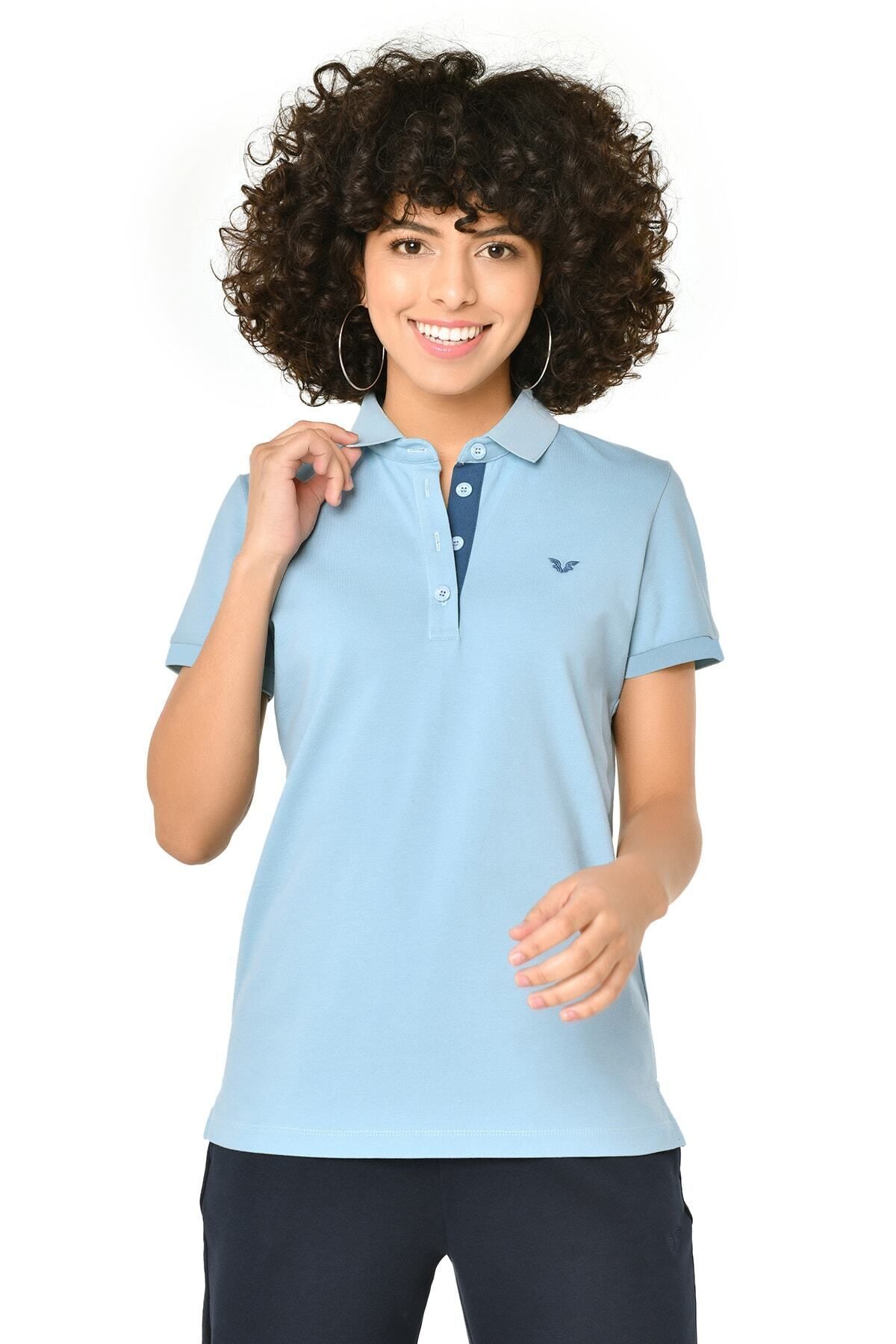 bilcee Açık Mavi Kadın Pamuklu Polo Yaka Basic Düz Renk Kısa Kollu Günlük ve Spor Tişört 8719