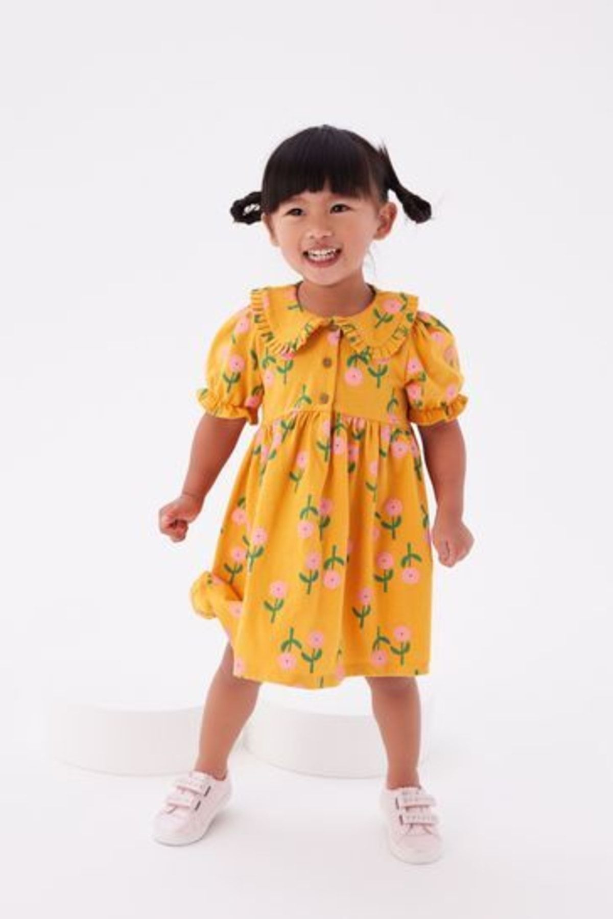 Next Baby % 100 Pamuklu Sarı Kısa Kollu Çiçekli Elbise