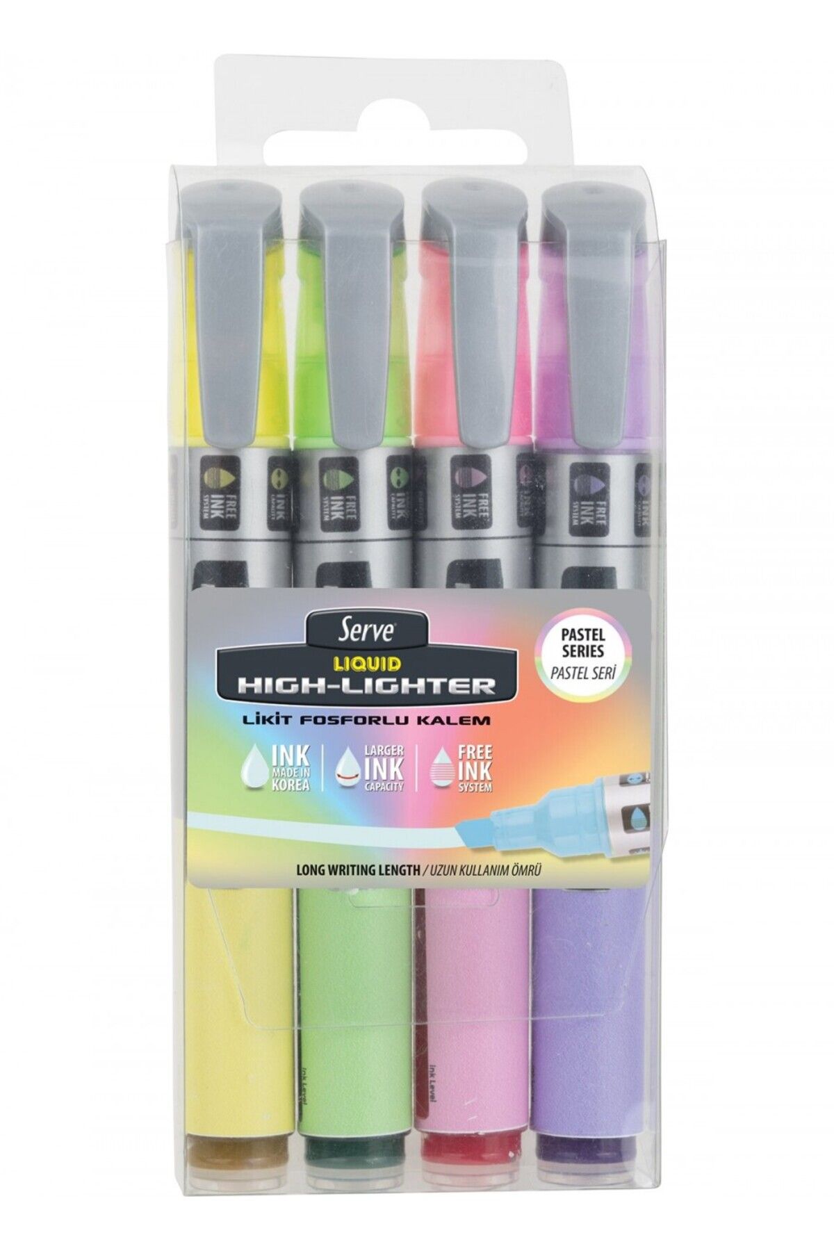 Serve Liquid Highlighter Sıvı Mürekkepli Fosforlu Kalem Pastel 4 Renk Set A