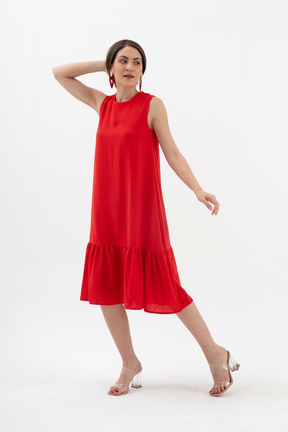 VAPUR TEKSTİL Kristal Keten Kolsuz Kadın Salaş Elbise - Kırmızı