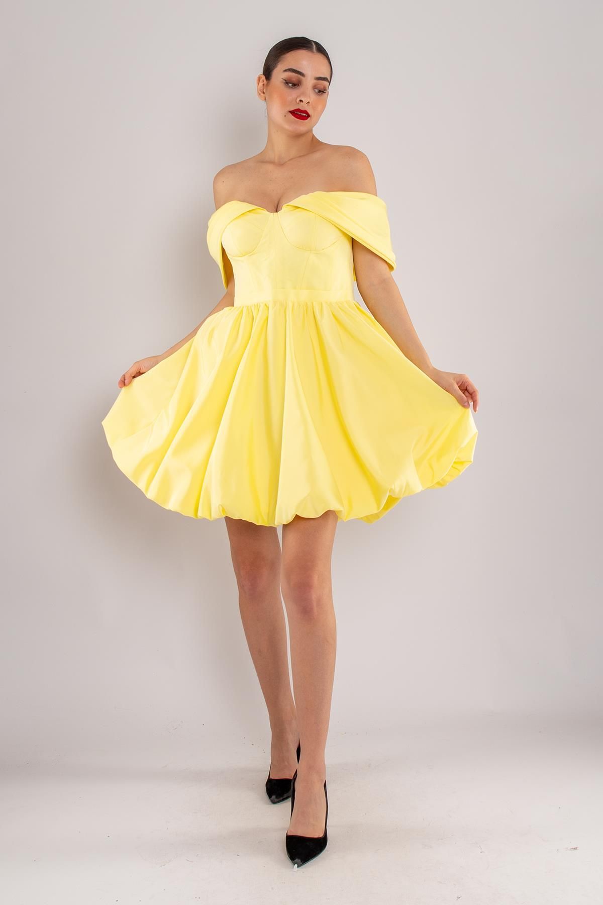 Saygın Giyim 491 Balon Etek Kol Detay Mini Elbise