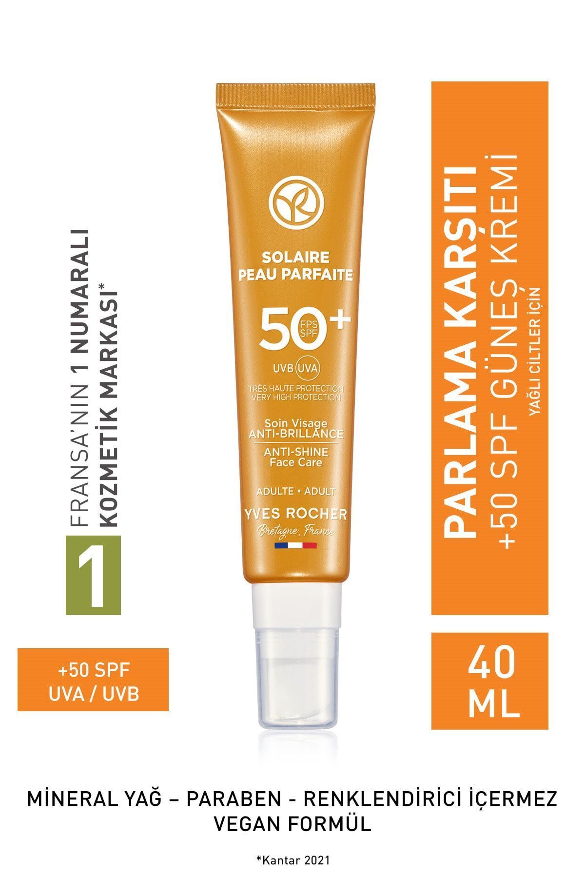 Yves Rocher Spf 50 Yüksek Korumalı Parlama Ve Leke Karşıtı Yüz Güneş Kremi/solaire Peau Parfaite-40 ml