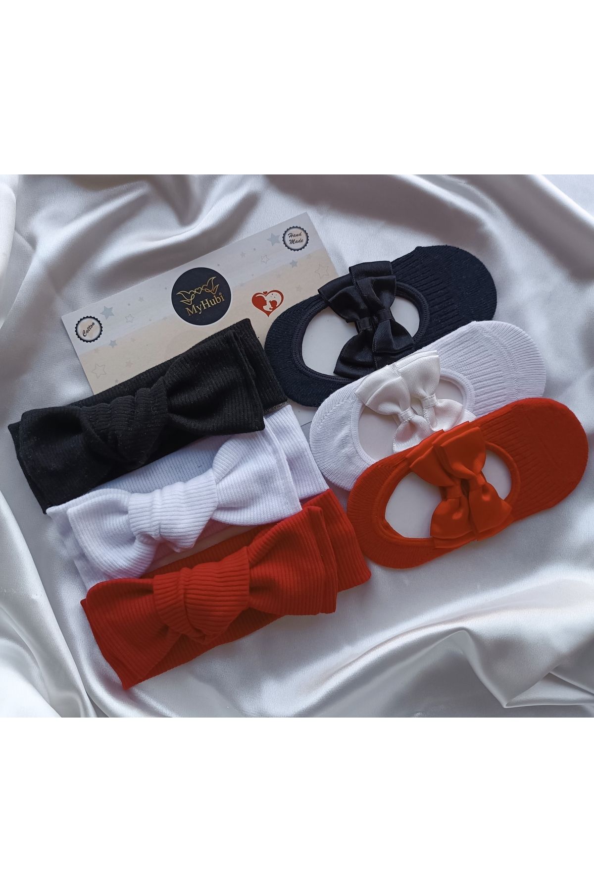 MyHubi 6'lı Kombin (Kutulu) El Yapımı Kız Bebek Fiyonk Bandana & Babet Çorap