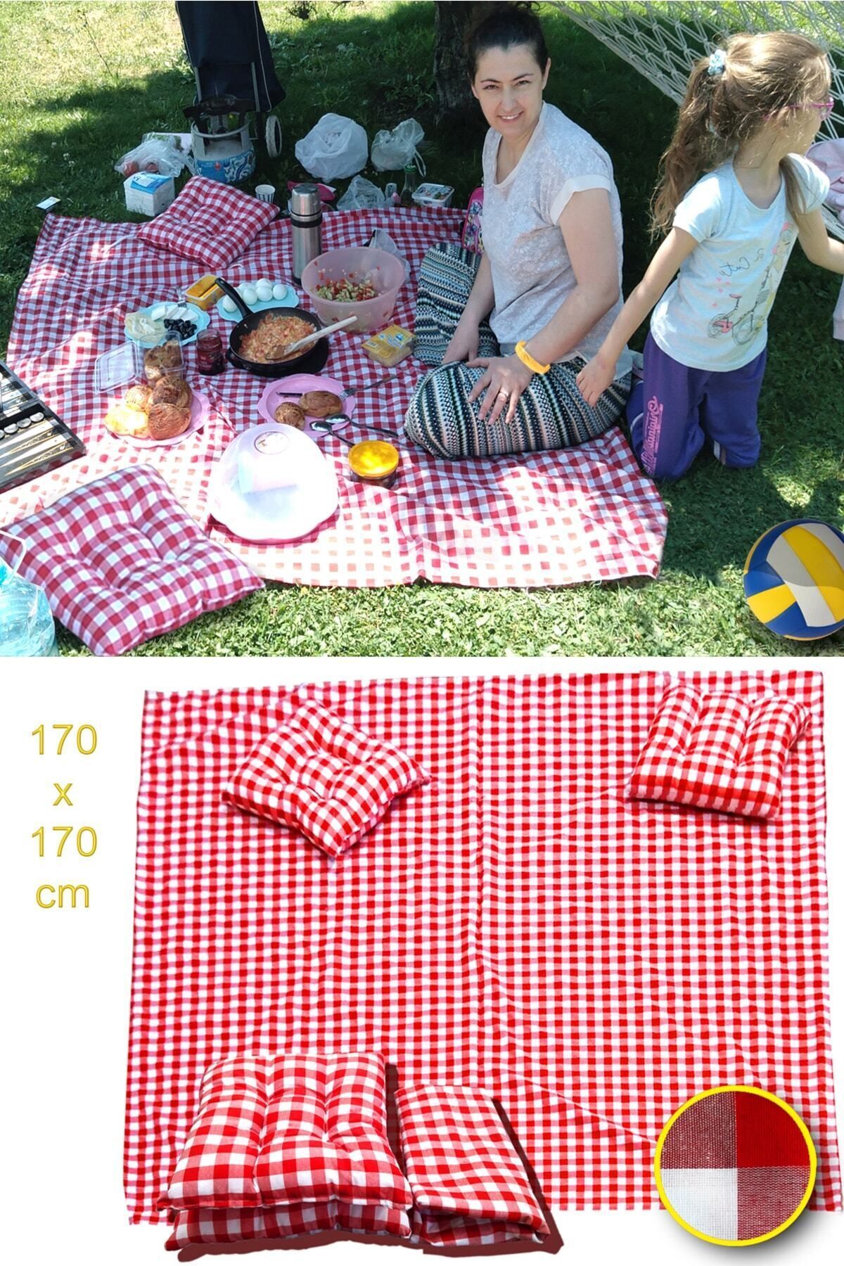CARTOON Piknik Seti Kırmızı Piknik Örtüsü Büyük Boy Örtüsü Masa Örtü 170x170 Cm 2 Minder Hediyeli (40x40cm)