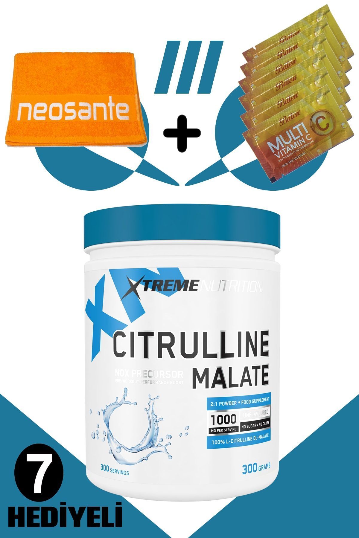 Xtreme Nutrition Citrulline Malate 300 G - 7 Hediyeli - Spor Havlusu 6 Adet Multi C Saşe - Saf Sitrülin Malat