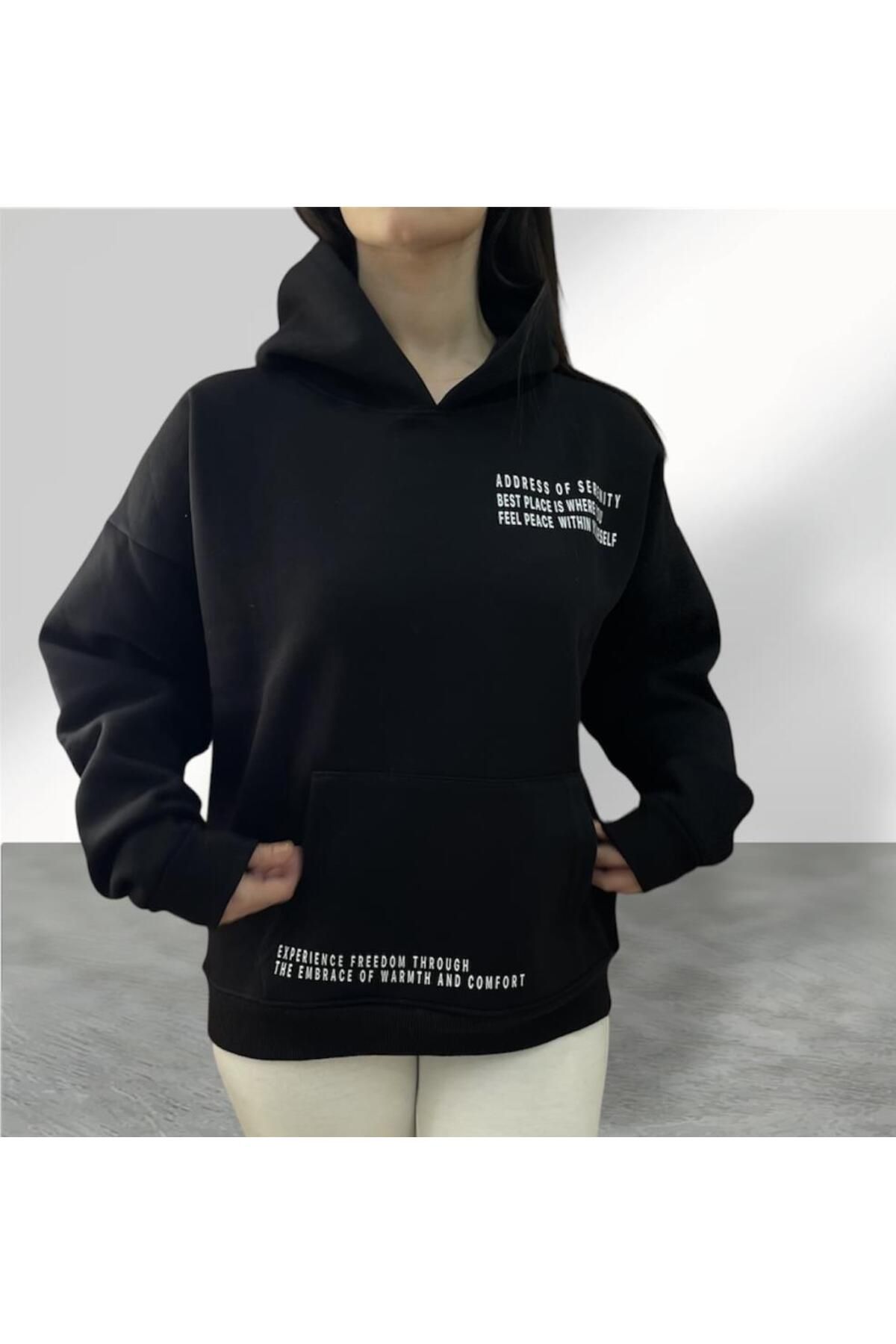 Genel Markalar Kadın-Unisex Şardonlu Kapüşonlu Cepli Yazılı Oversize 3 İplik Pamuklu Hoodie Rahat Sweatshirt
