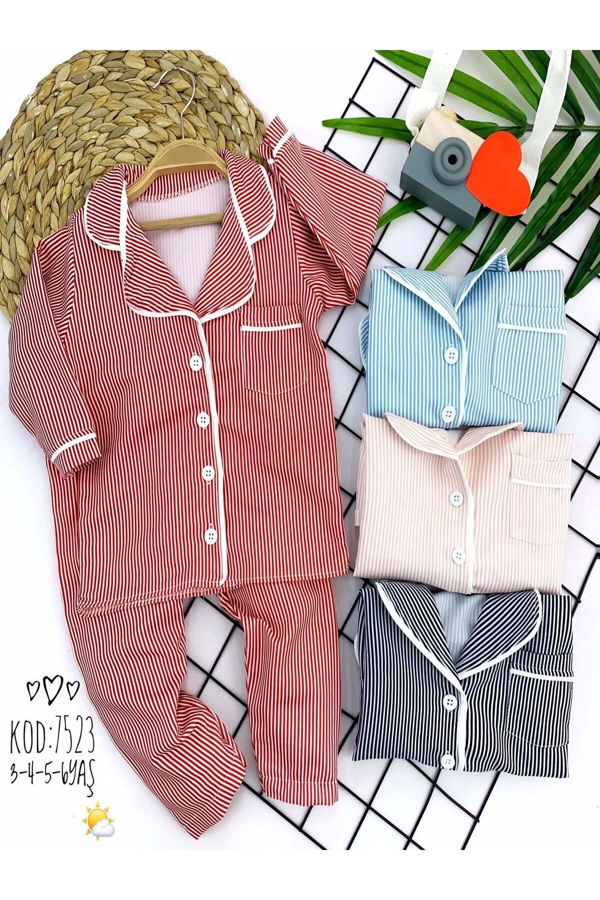 Genel Markalar Düğme Kapamalı Boydan Çizgi Desenli 2li Kız Erkek Çocuk Pijama Takımı