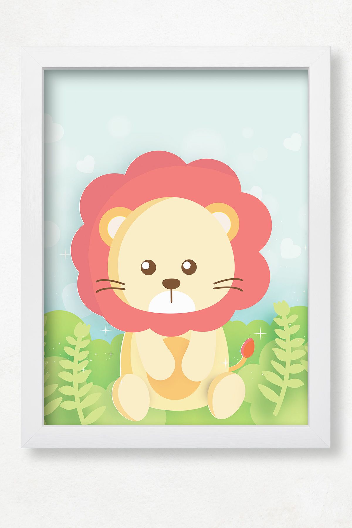 DuoArt Aslan-Sevimli Hayvanlar/Çocuk Bebek Odası/Doğal Ahşap Çerçeveli Poster/Çerçeve Rengi:Beyaz