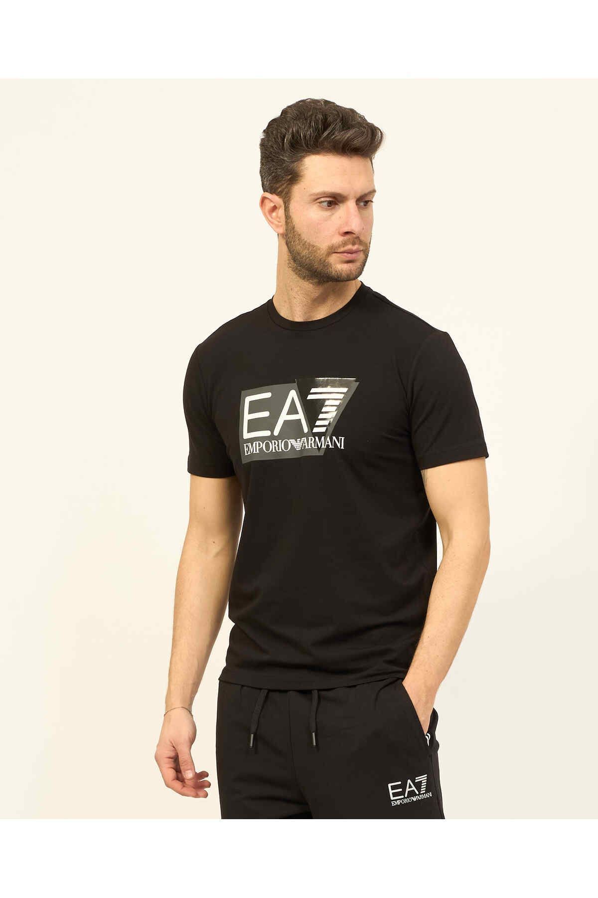 EA7 Erkek Logolu Kısa Kollu Pamuklu Siyah T-Shirt 3DPT62 PJ03Z-1200