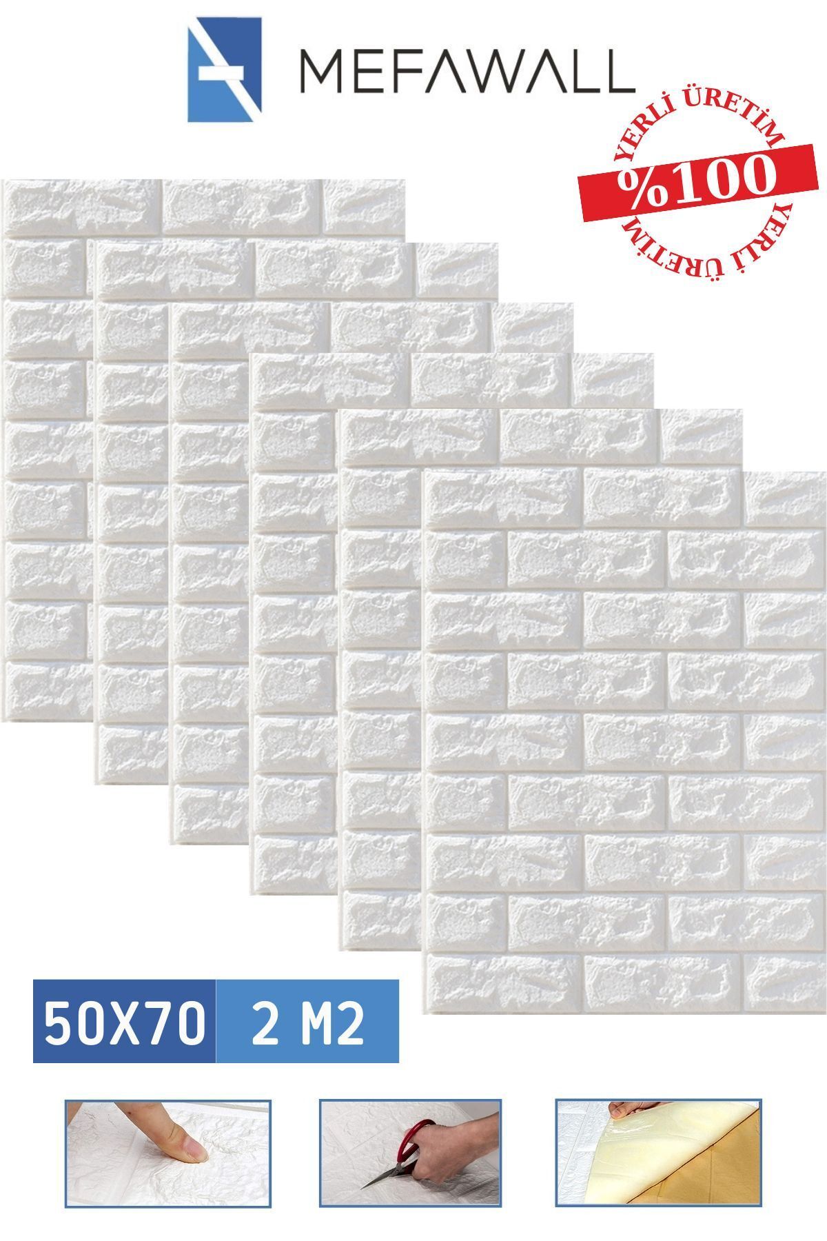 Mefawall Kendinden Yapışkanlı Esnek Köpük Beyaz Taş Desen Duvar Kağıdı Paneli 6 Adet 50x70 | 2 Metrekare