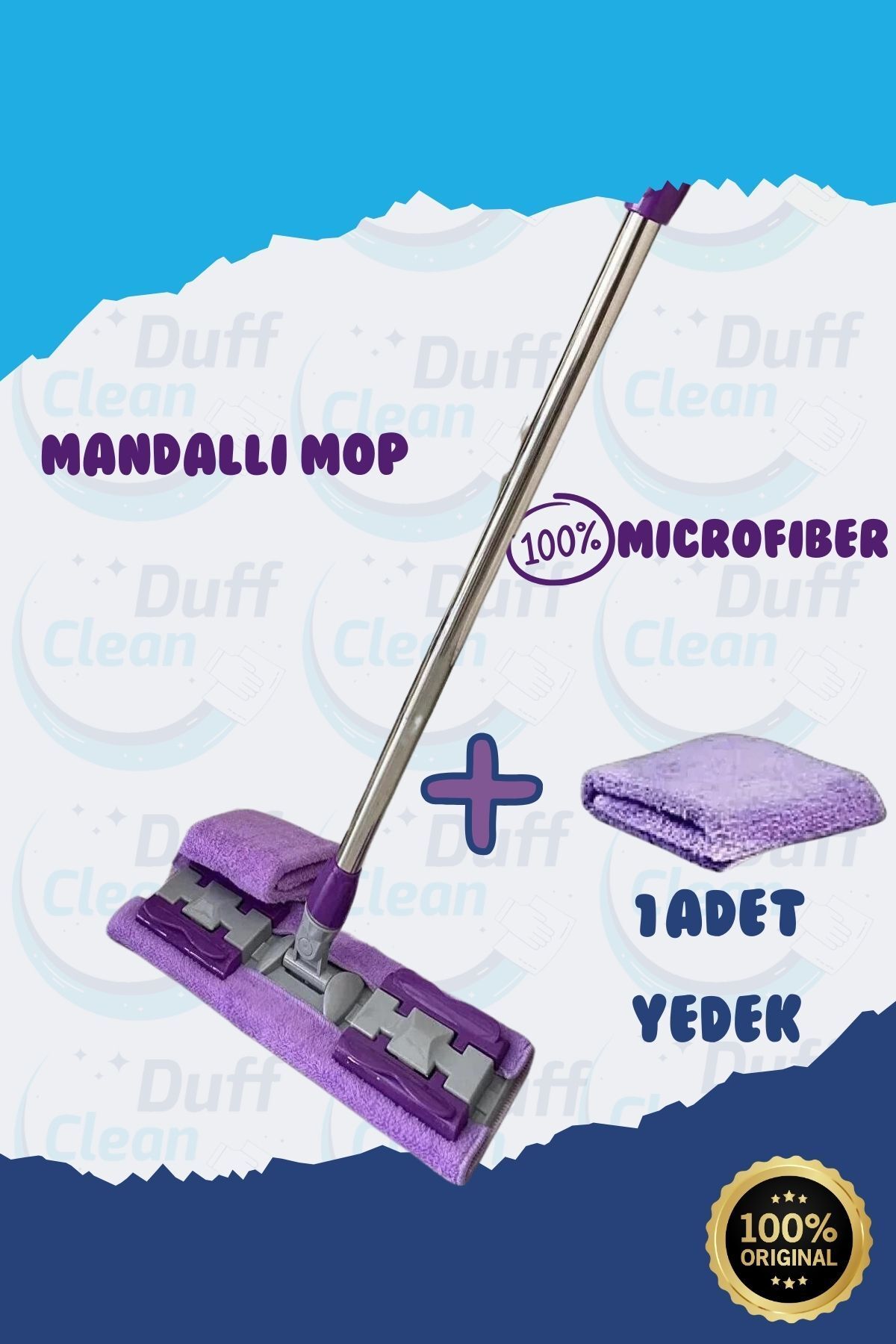DUFF CLEAN Kıskaçlı Cam Silme Mopu Mikrofiber (MOR) Yedek Bezli Yer Duvar Fayans Silme Mopu