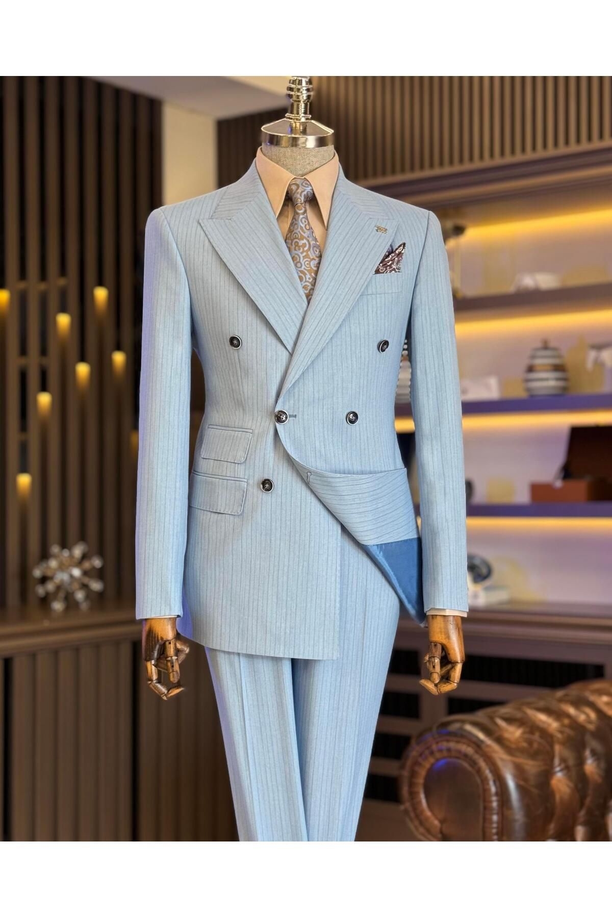 TerziAdemAltun İtalyan stil slim fit çizgili ceket pantolon takım elbise mavi T11835