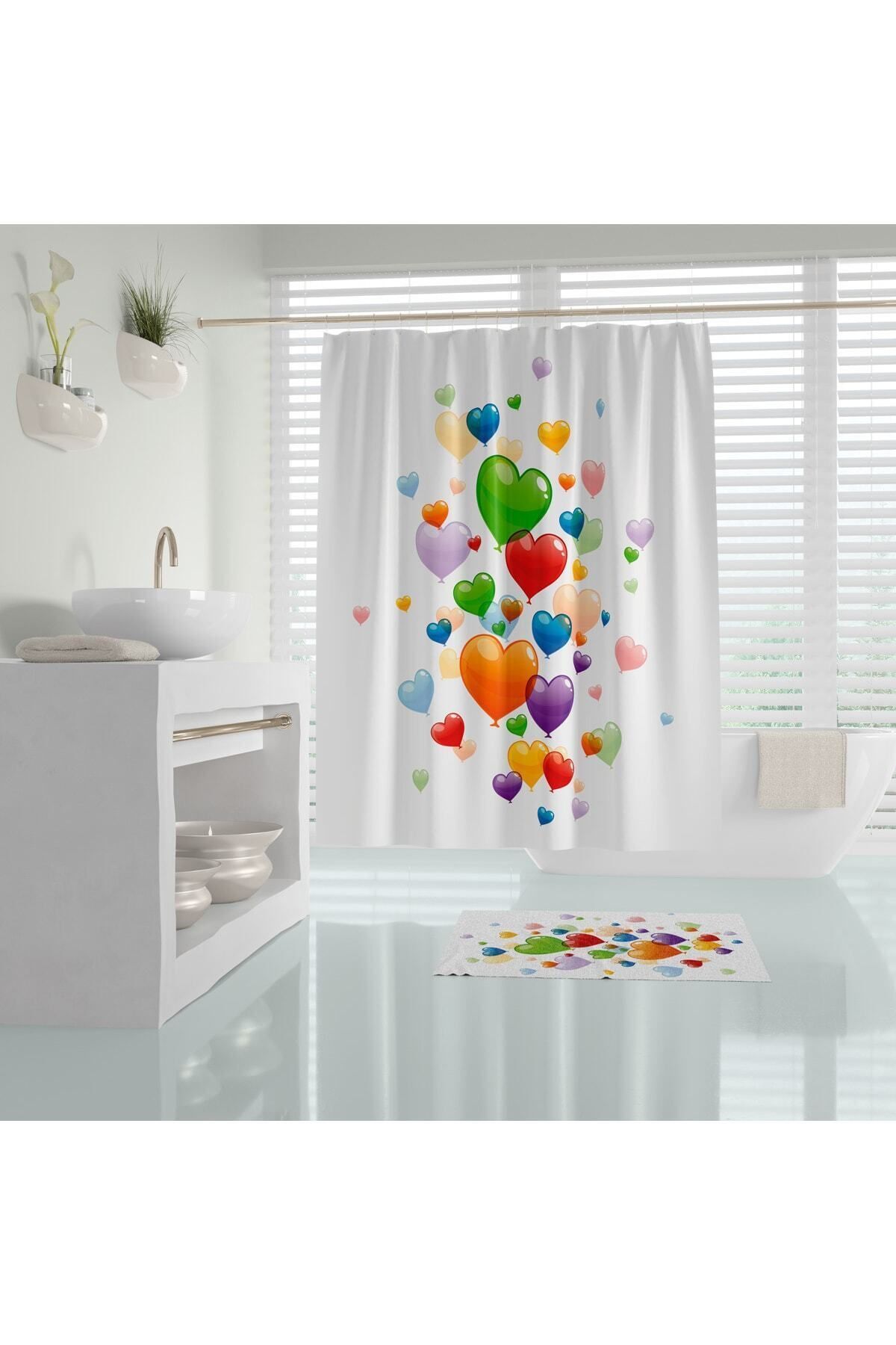 Tropikhome Renkli Balon Desenli Banyo Perdesi Baskılı Banyo Duş Perdesi 180x200cm Tek Kanat Küvet Perdesi