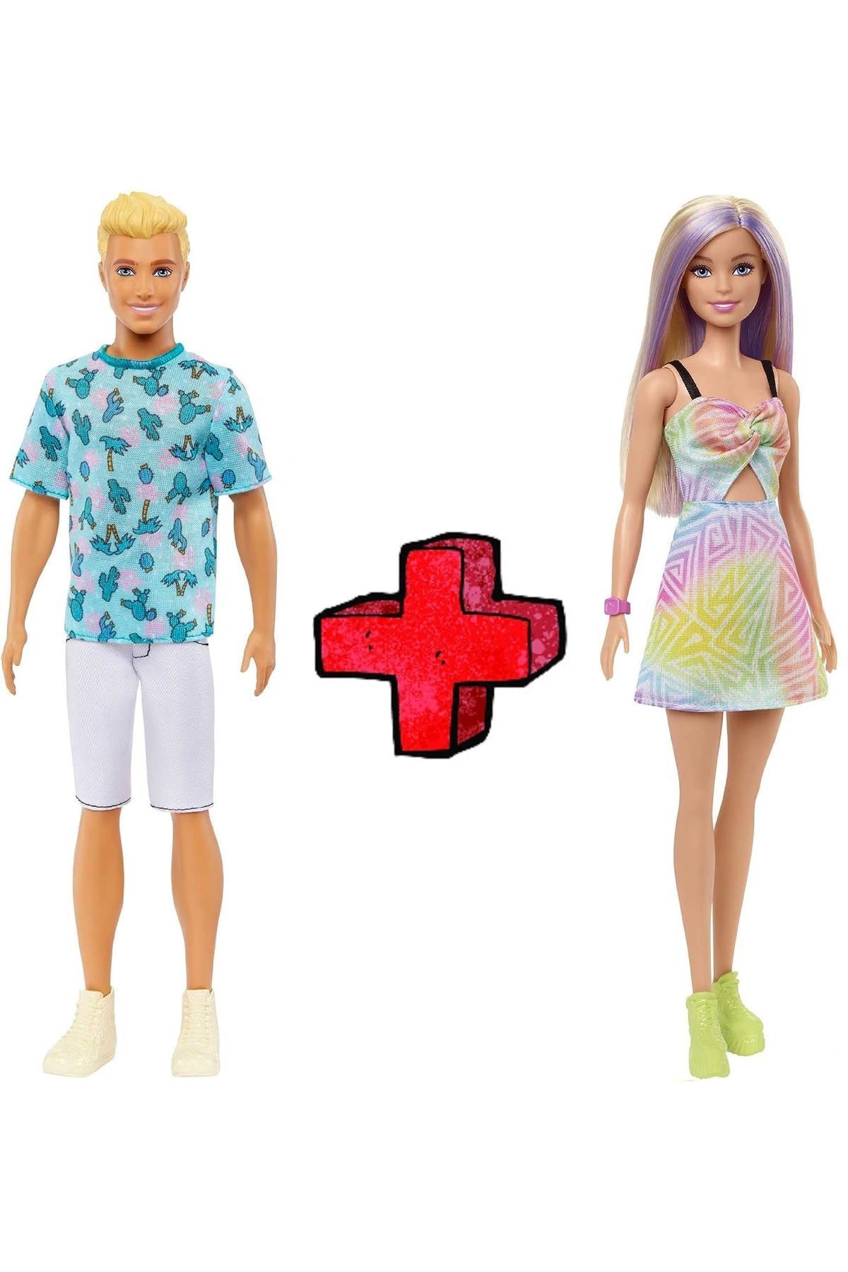 Barbie 2'li Set Orijinal Lisanslı Mor Sarı Renkli Saçlı Barbie Bebek ve Yakışıklı Erkek Ken Oyuncak İkili