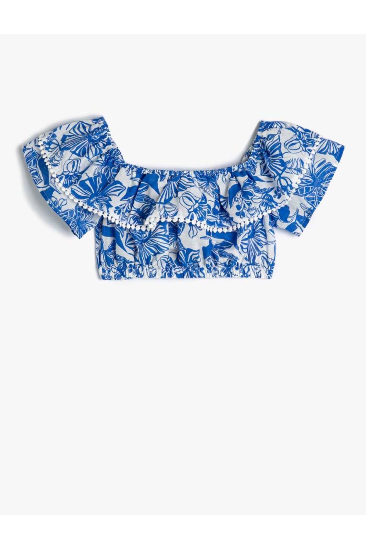 Koton Crop Bluz Kolsuz Açık Omuz Fırfırlı Çiçek Desenli Pamuklu