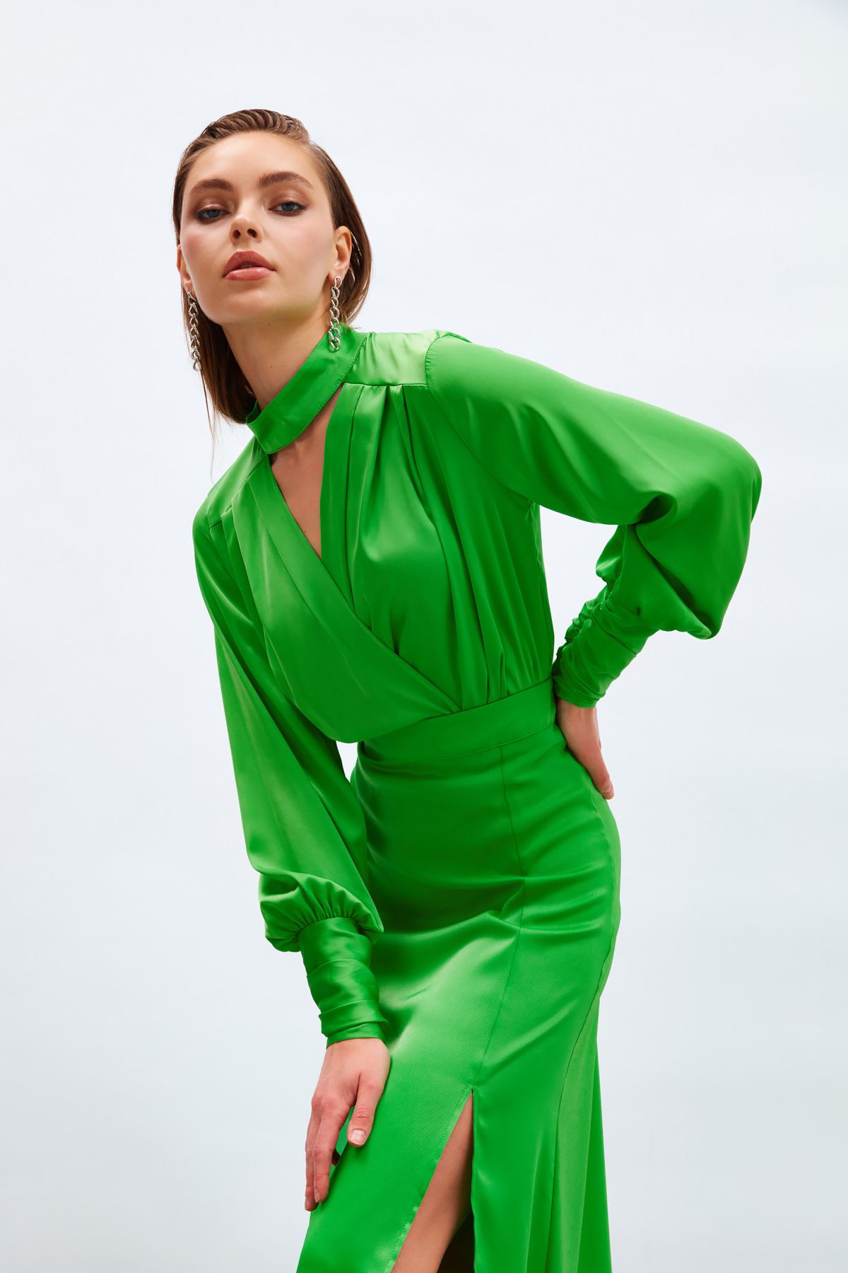 Sateen Drape Detaylı Bodysuit Bluz - Açık Yeşil