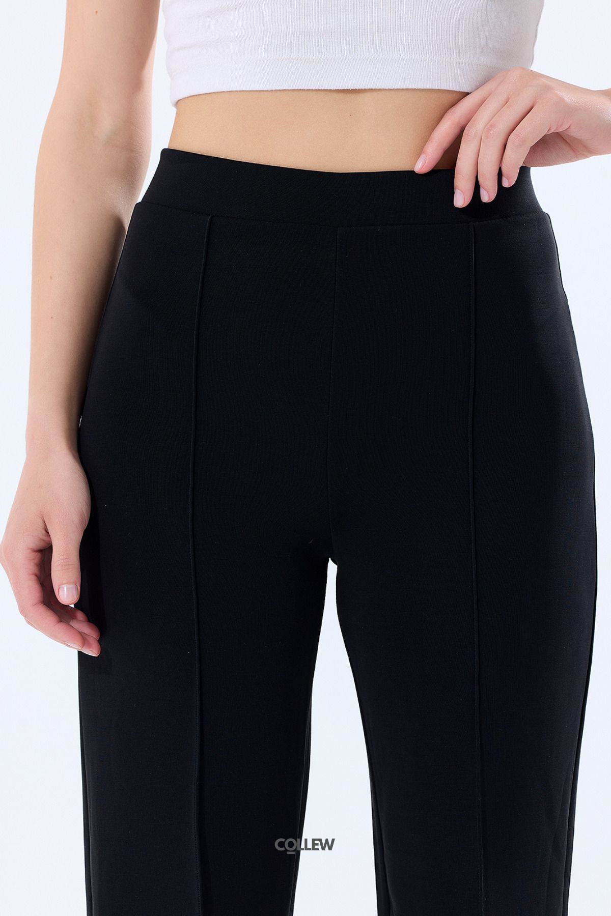 COLLEW Kadın Siyah Normal Bel Önü Çımalı Modal Pantolon