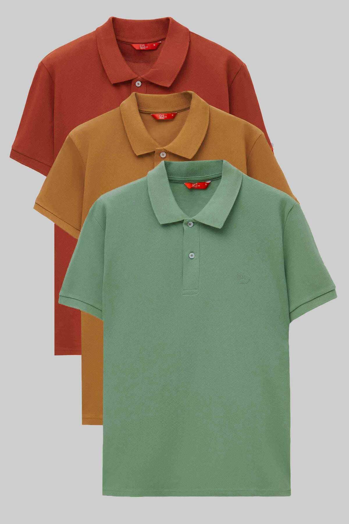 D'S Damat Ds Damat Regular Fit Kiremit/Tütün/Açık Yeşil Pike Dokulu %100 Pamuk Polo Yaka T-Shirt