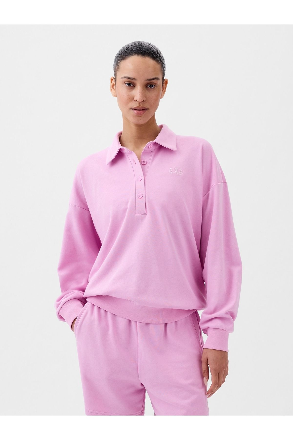 GAP Kadın Pembe Gap Logo Polo Yaka Fransız Havlu Kumaş Sweatshirt