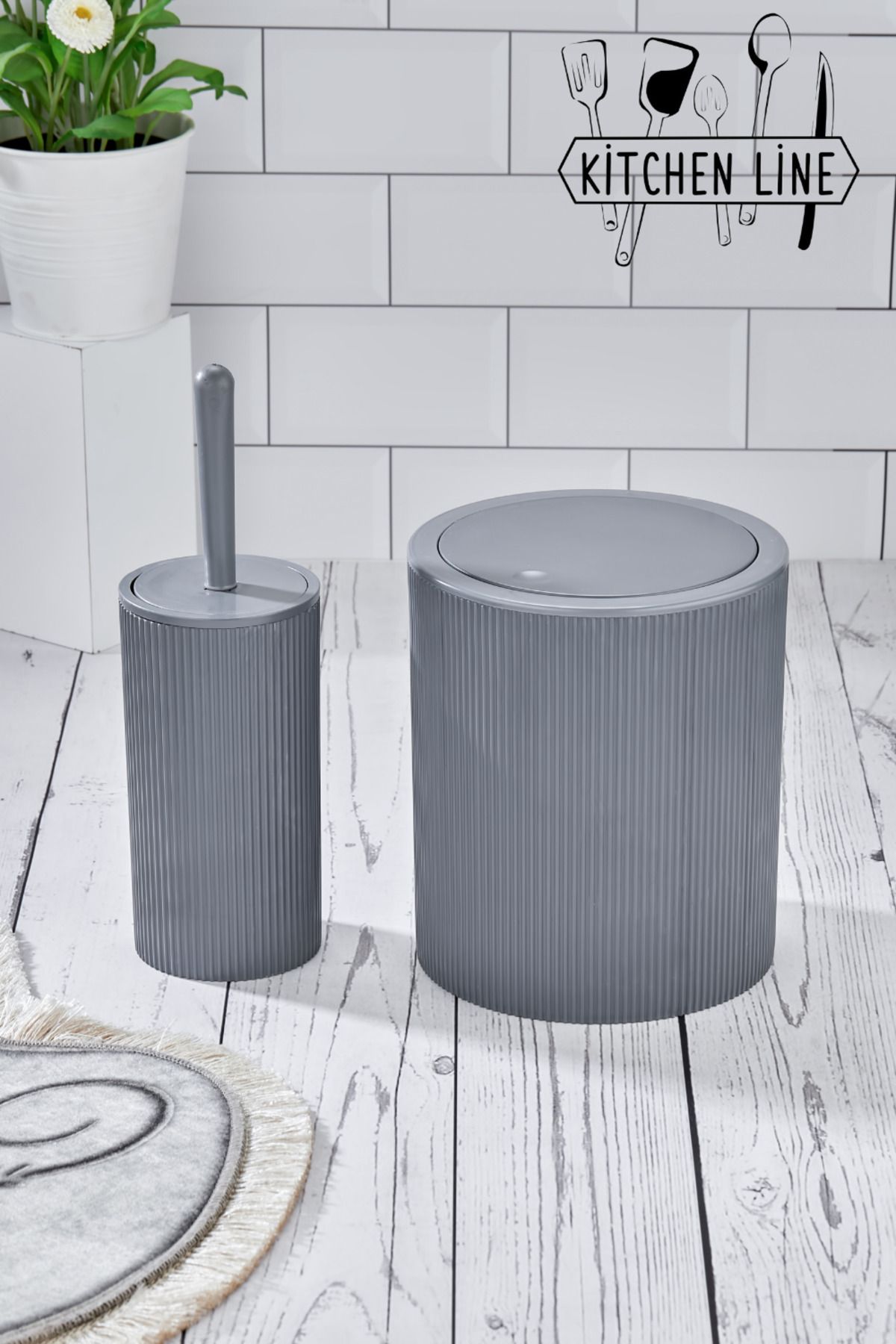 Kitchen Line Yuvarlak Çöp Kovası & Yuvarlak Tuvalet Fırçası Seti Ikili Banyo Seti Gri