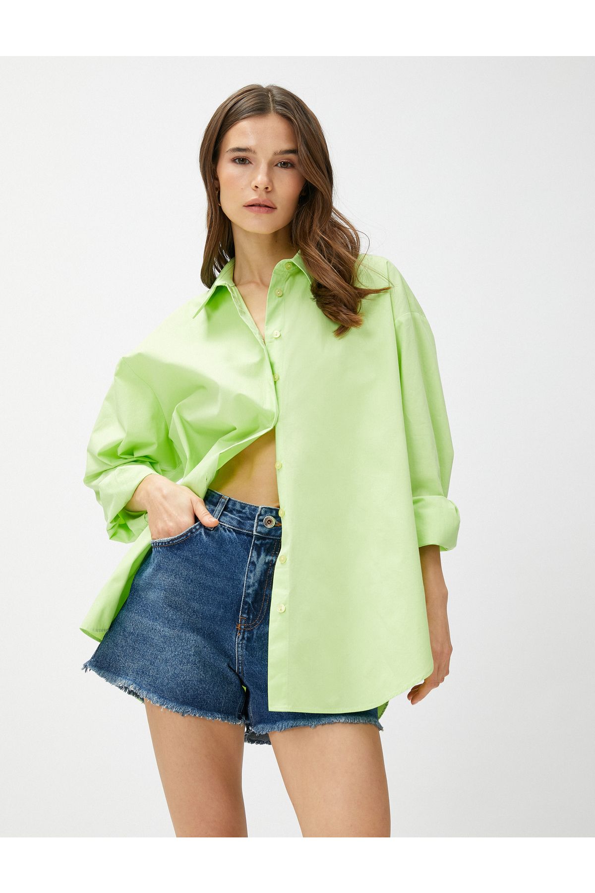 Koton Gömlek Yaka Düz Yeşil Kadın Gömlek 3sak60011pw