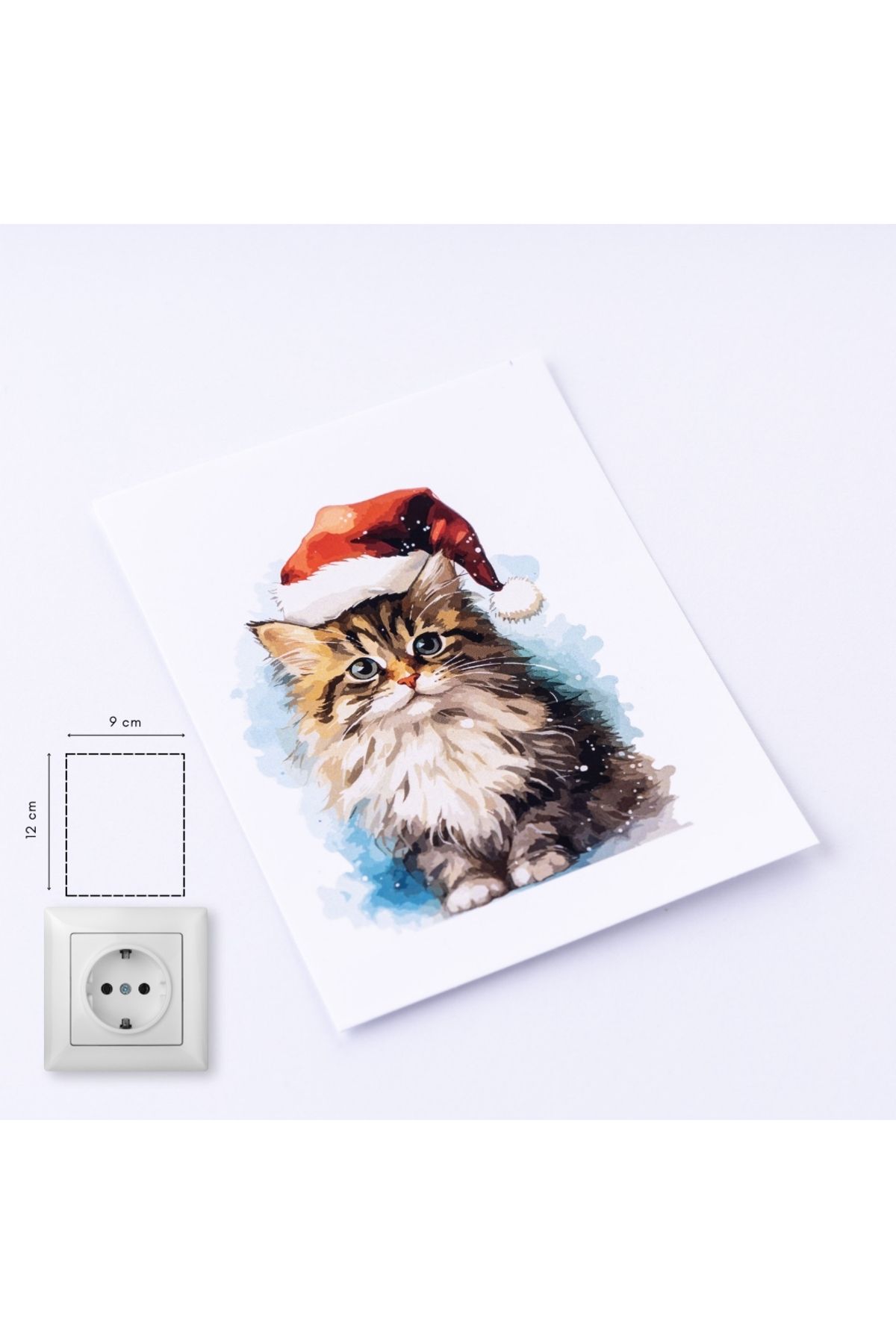Bimotif Yılbaşı priz sticker 9x12 cm, Noel Şapkalı Kedi 15 adet