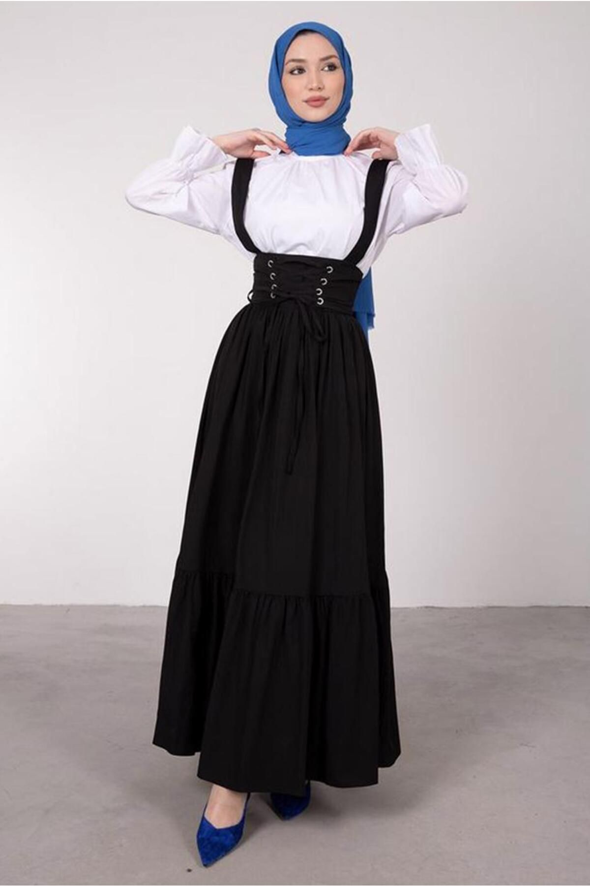 TRENDTESETTÜR Kadın Siyah Beli Bağcık Detaylı Salopet Elbise T 60042