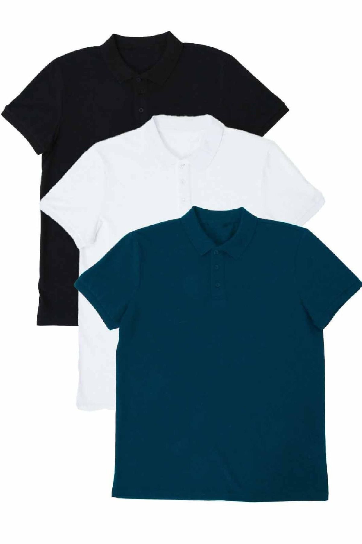 CLIPMAN Erkek Slim Fit Beyaz Siyah Mavi 3'Lü Çekmeyen Pamuklu Polo Yaka Tişört