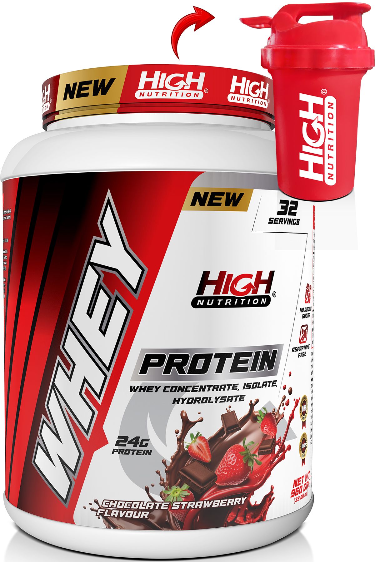 High Nutrition Whey Protein 960 gr Çikolata Çilek Aromalı Protein Tozu 24 gram Protein 32 Servis Shaker Hediye