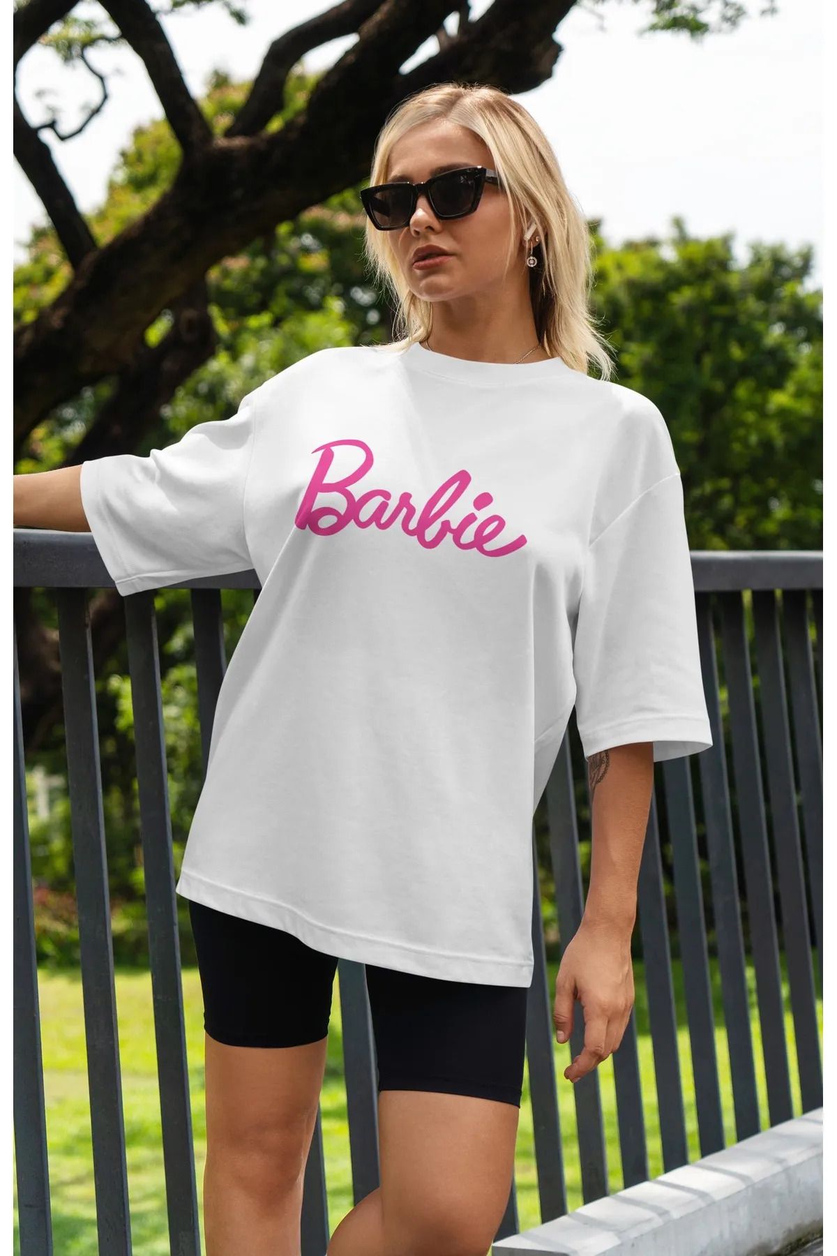 EFFRENATU Oversize Barbie Baskılı Pamuklu Penye Kumaş Tişört