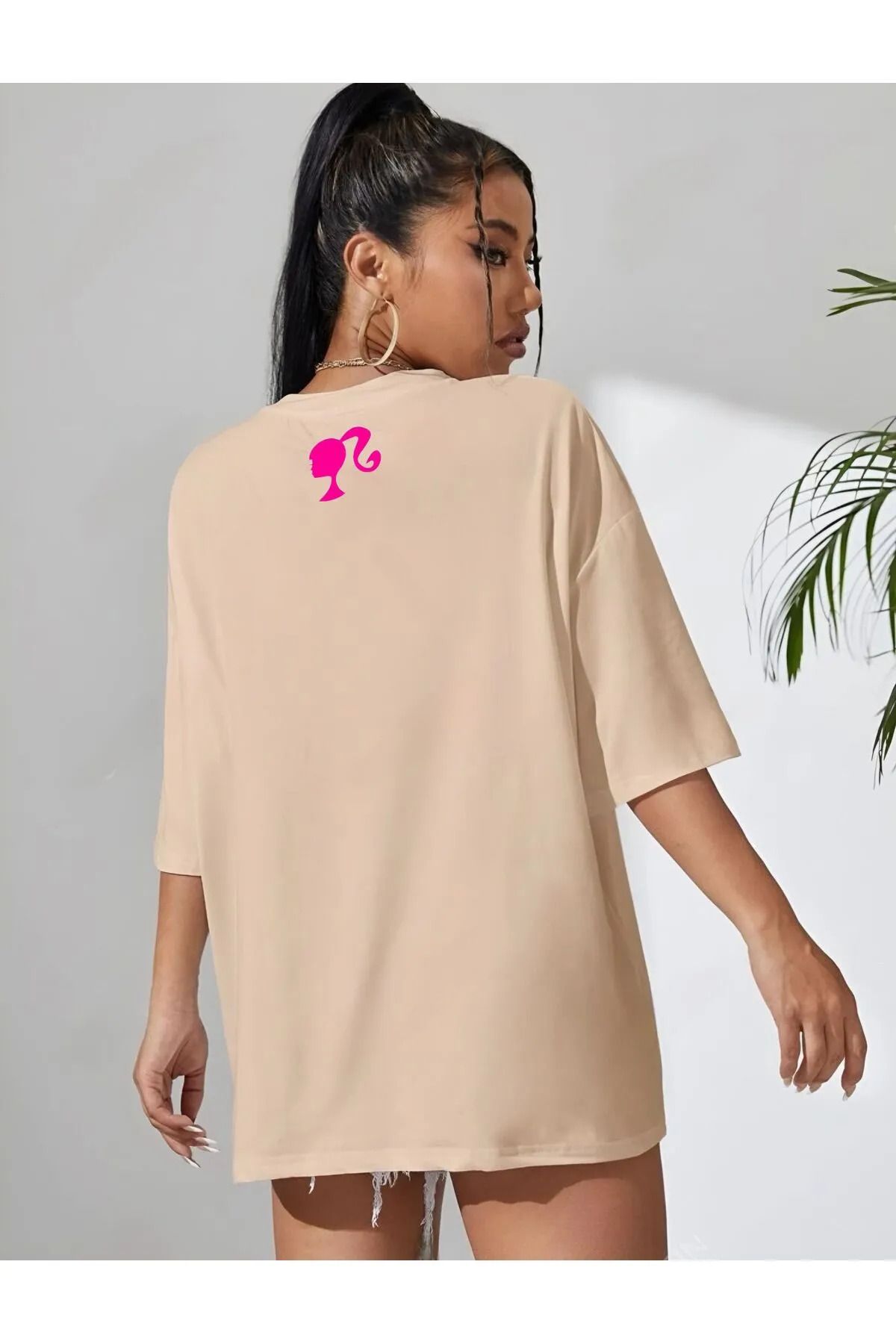 EFFRENATU Yeni Sezon Oversize Barbie Baskılı Pamuklu Penye Kumaş Tişört